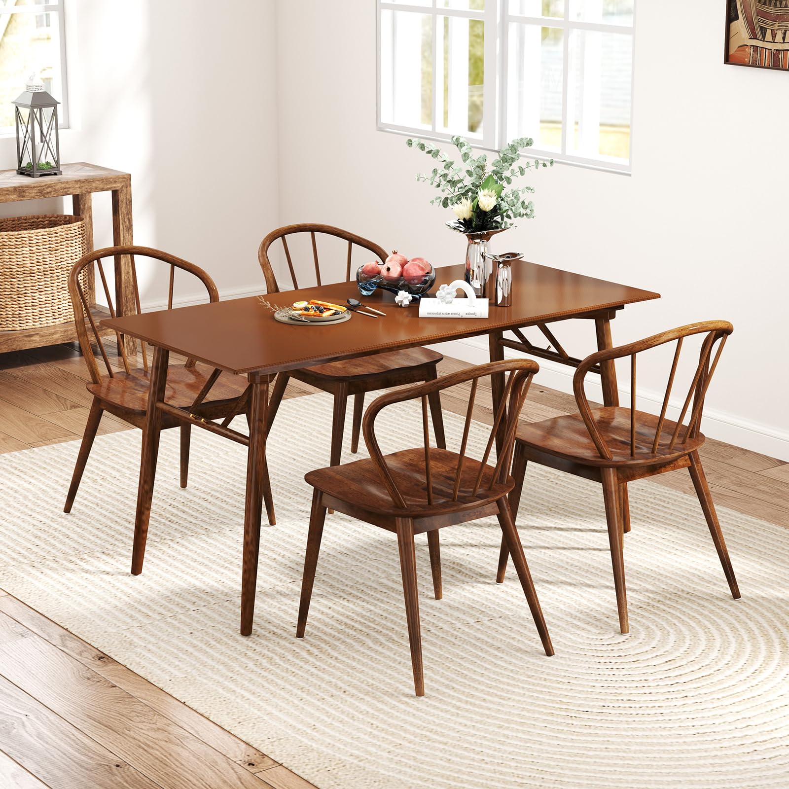 Wooden Dining Chairs Set of 2/4, Windsor Kitchen Chairs w/High Spindle Back & Rubber Wood Legs, Wide Seat & Curved Backrest