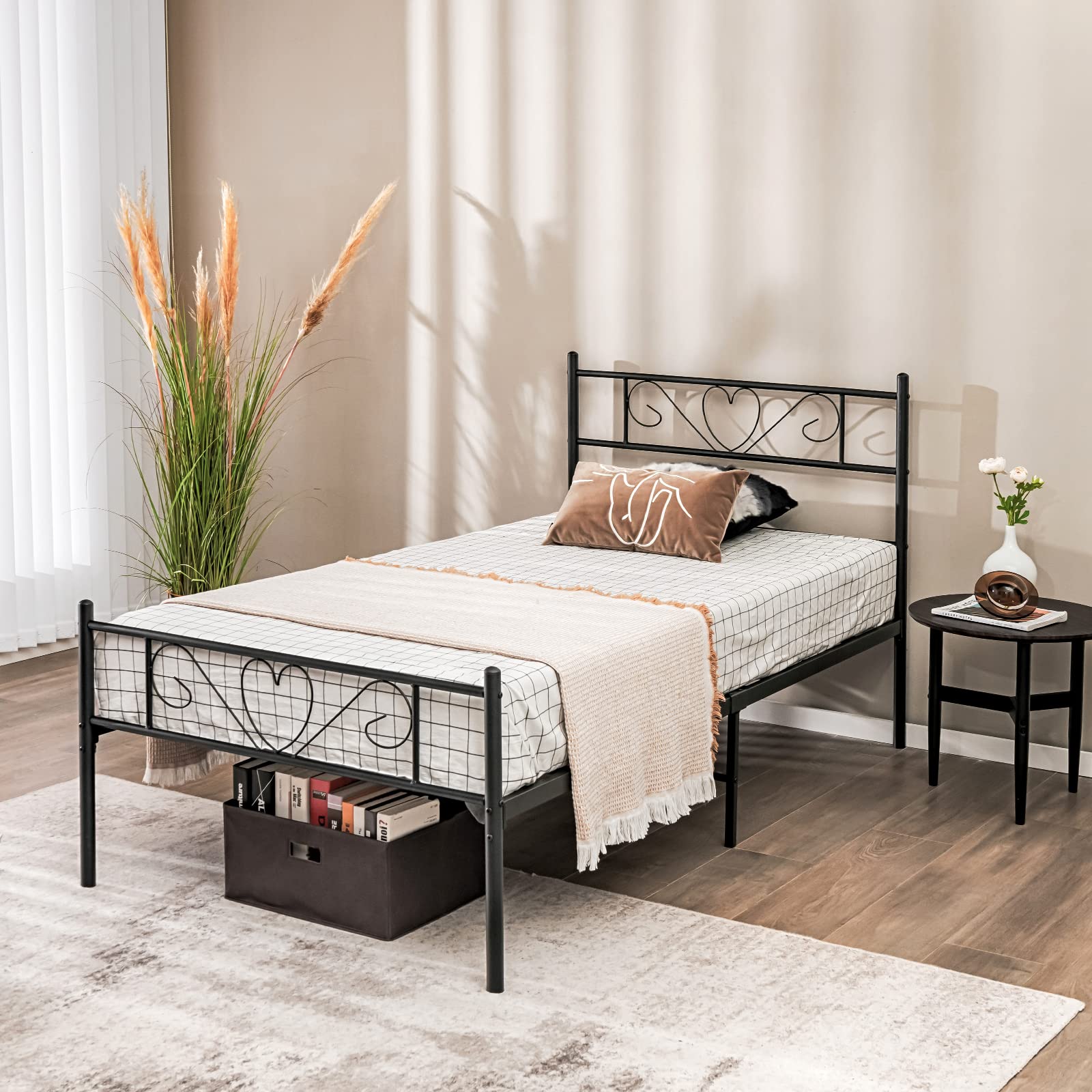 Twin XL Metal Bed Frame with Heart-Shaped Headboard & Footboard