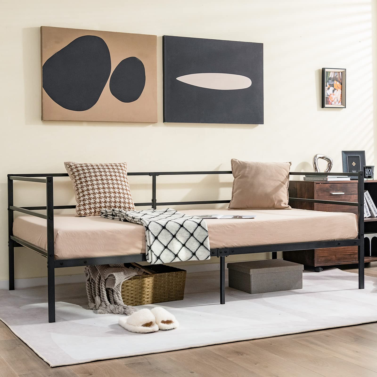 Twin Size Metal Daybed with Metal Slat Support & 3-Sided Guardrails