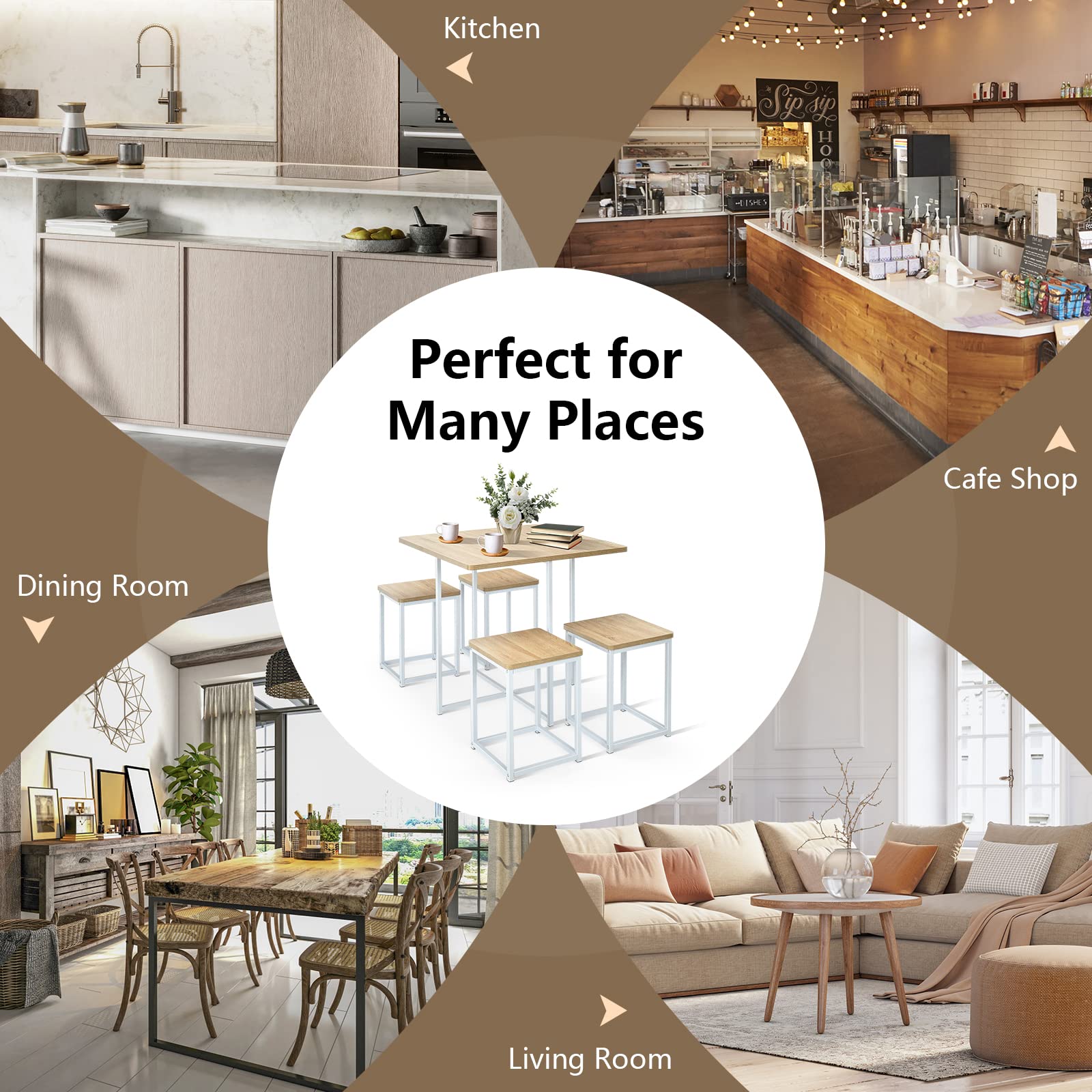 5 Piece Dining Table Set, Counter Kitchen Table and Chair Set for 4 Includes 1 Square Table and 4 Stools