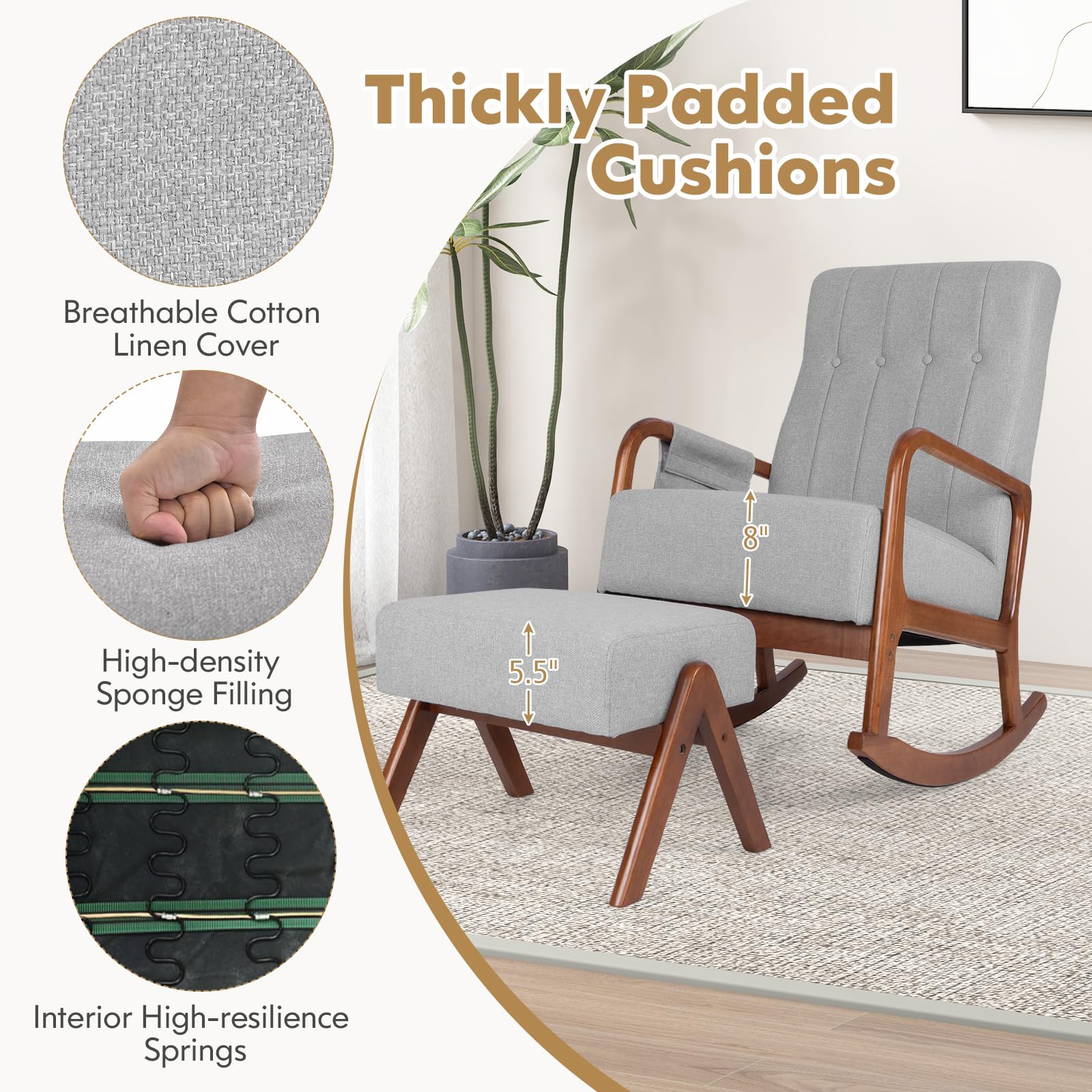 Nursery Rocking Chair with Ottoman, Upholstered Rocker Chair with Side Pocket