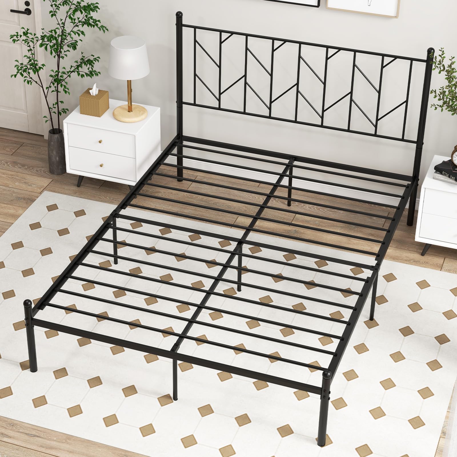 Metal Bed Frame with Victorian Style Headboard, 14 Metal Slats Support