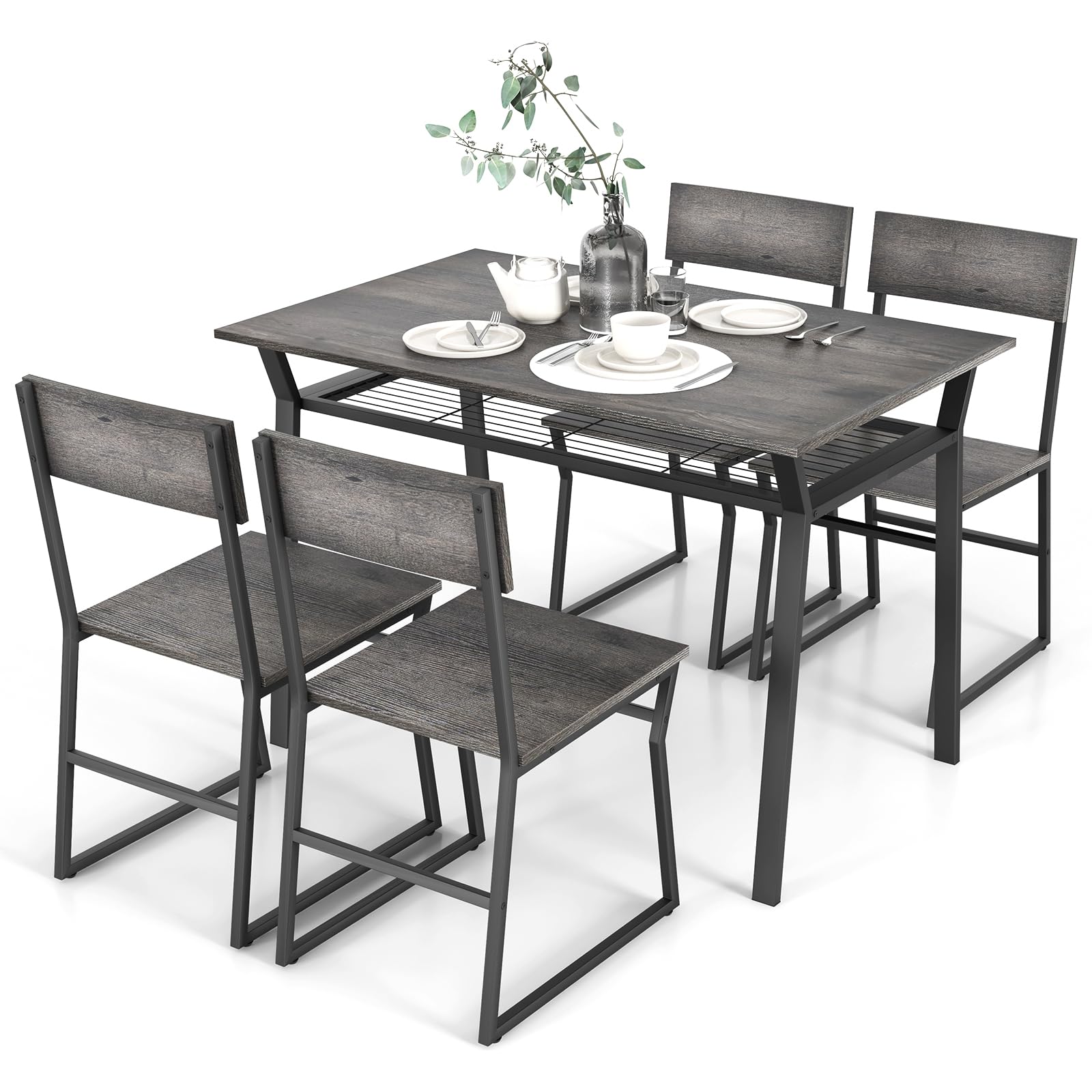 Dining Table Set for 4, 47&rdquo;L x 28&rdquo;W Rectangular Kitchen Table w/ 4 Trapezoid Chairs, Reinforced Metal Frame & Storage Rack