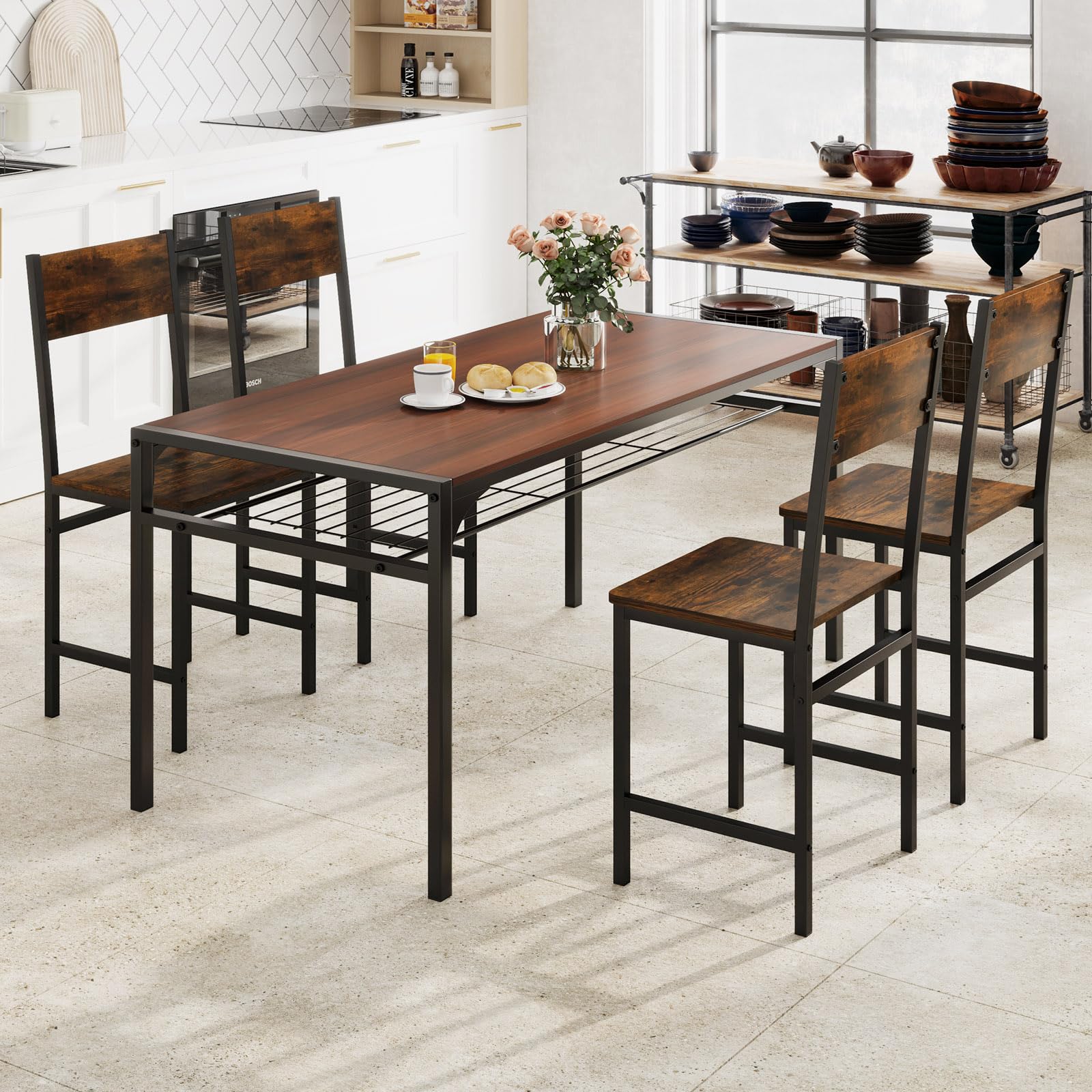 Dining Chairs Set of 2/4 with Metal Legs, Slanted Back, Rustic Wood Grain