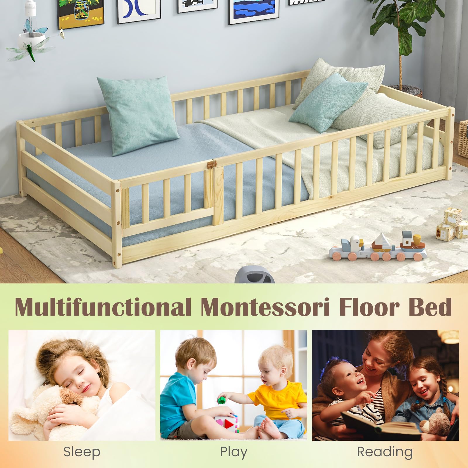 Twin Floor Bed with Door & Fence, Kids Wood Montessori Bed with Safety Guardrails
