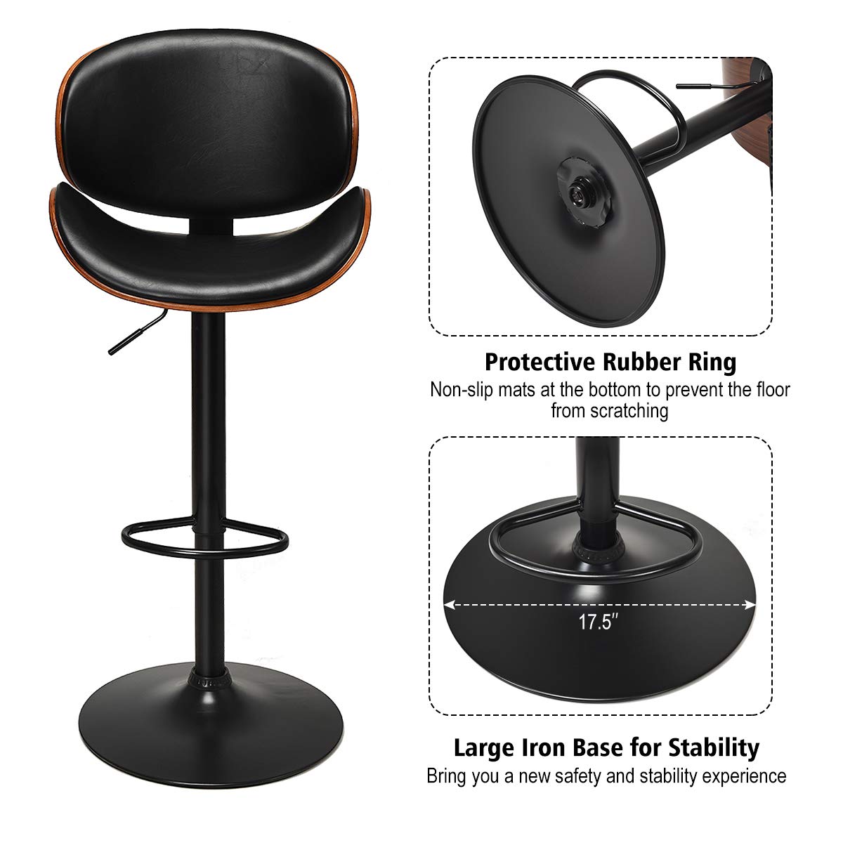 Bar Stools Set of 2/4, Adjustable Swivel Bentwood Barstools with Back, Large Iron Base, 360 Degree PU Leather Seat and Curved Footrest