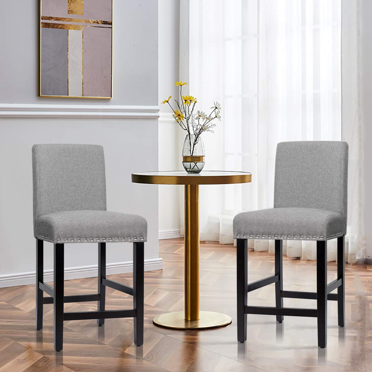 Bar Stools Set of 2/4, 25'' Counter Height Upholstered Bar Chairs w/ Rubber Wood Legs, Breathable Linen Fabric, Padded Seat & Backrest