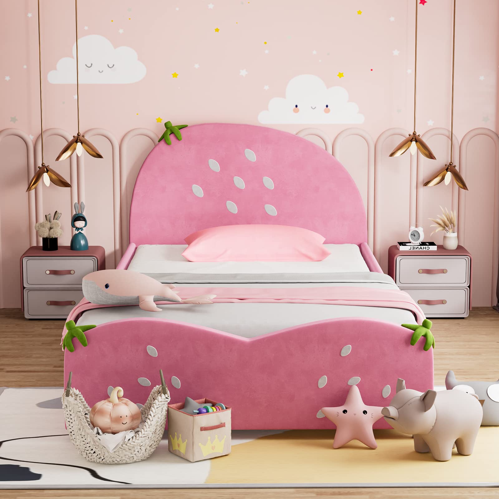 Kids Twin Bed Frame with Headboard, Toddler Upholstered Platform Bed with Slatted Bed Base