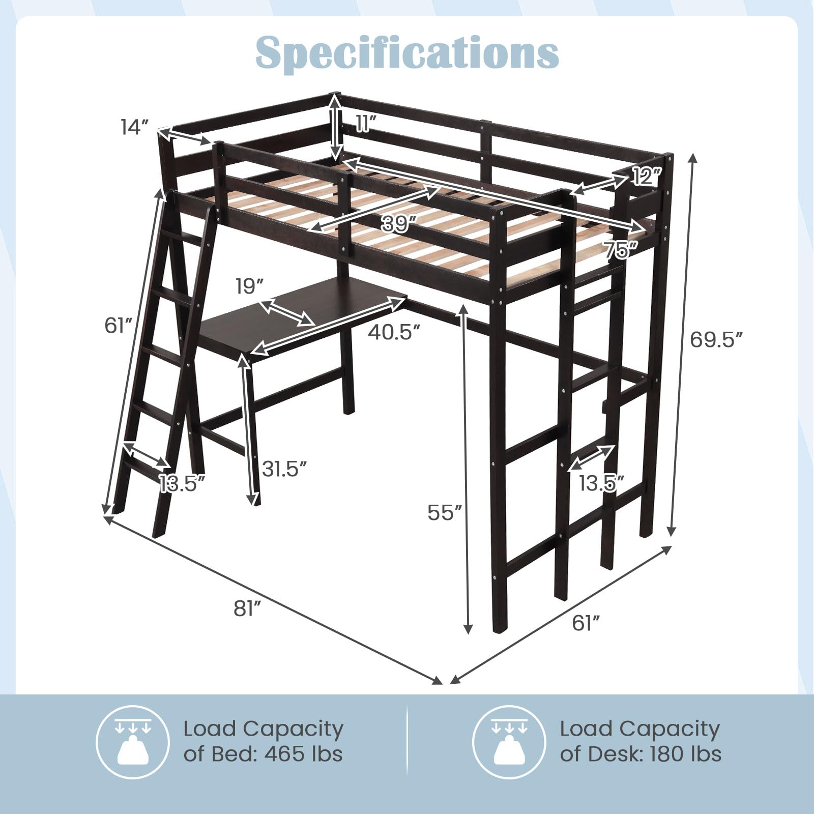 Twin Size Wood Loft Bed with Desk, 2 Ladders, Full Length Guardrail for Kids Teens Adults