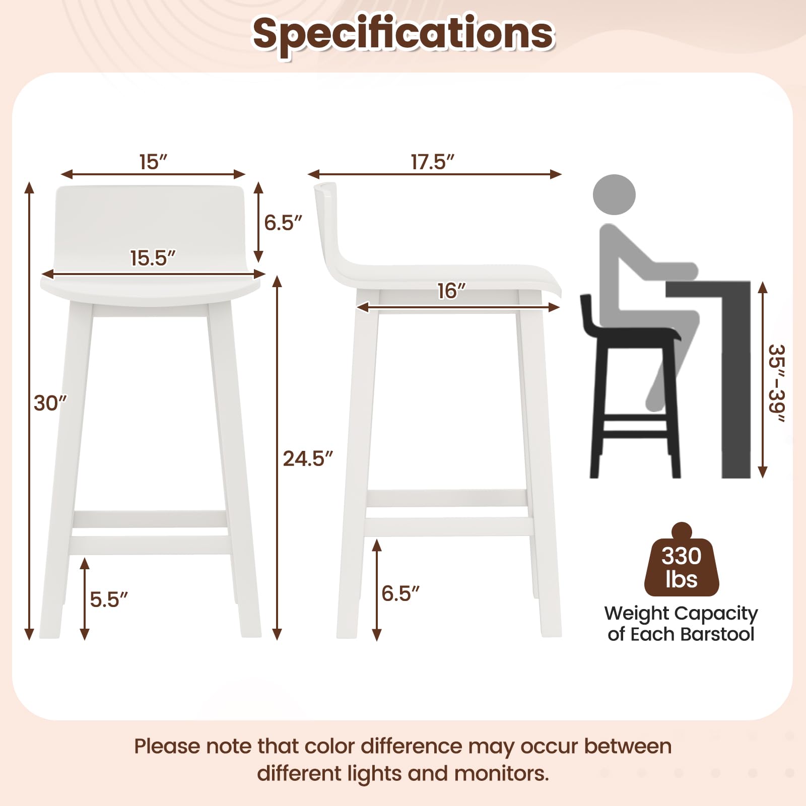 Solid Wood Bar Stools Set of 2/4, Counter Height Chairs with Low Back and Footrest