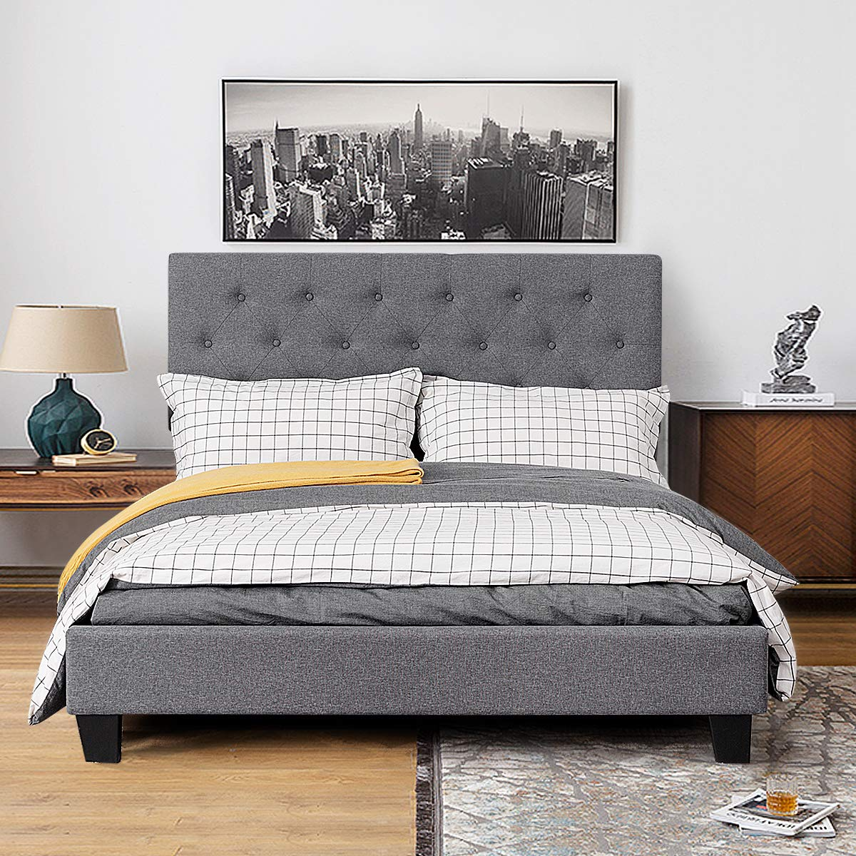Shalini Upholstered Panel Platform Bed Frame with Diamond Stitched Linen Panel Headboard