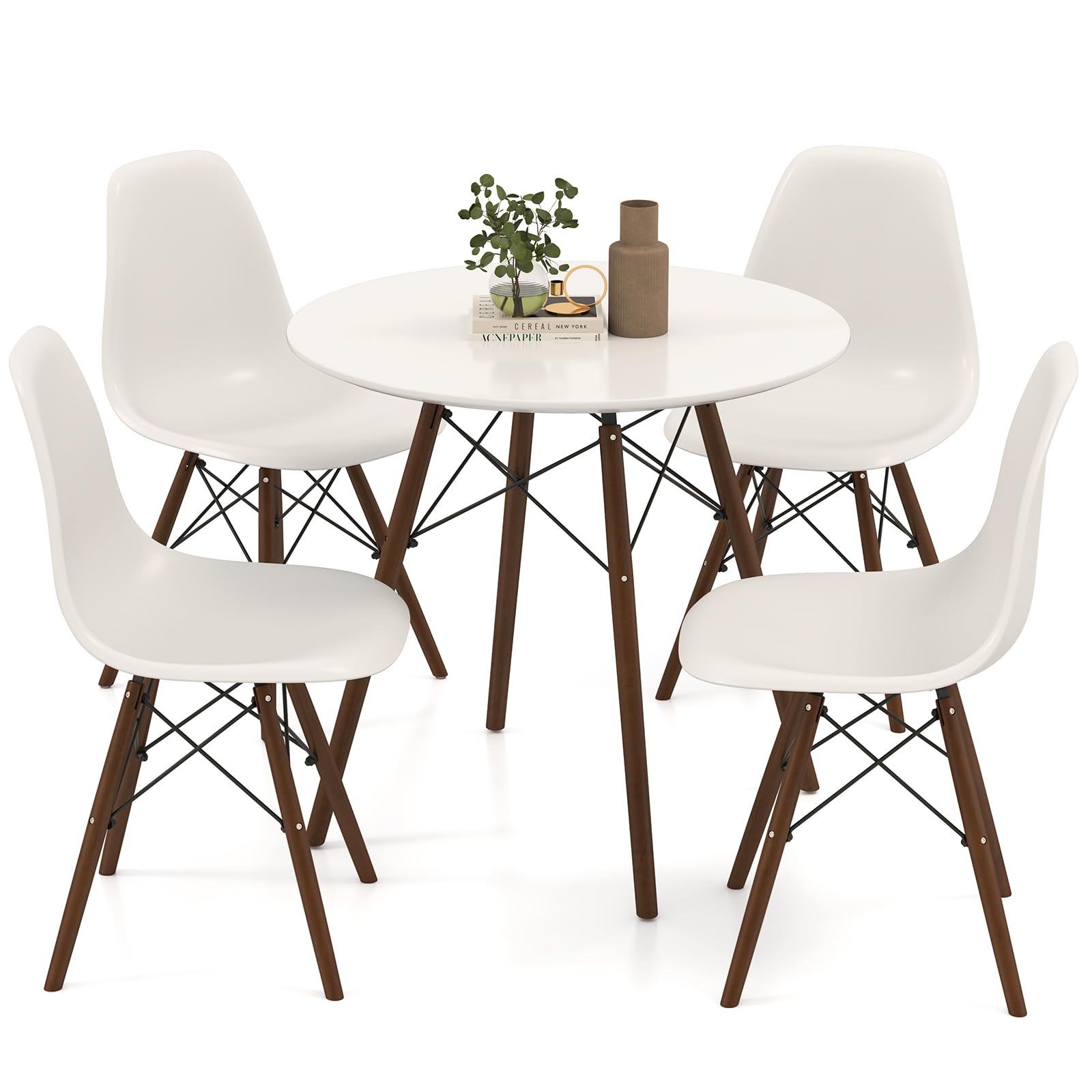 Round Dining Table Set for 4, Modern 31.5" D Dining Table & 4 Dining Chairs with Solid Wood Legs