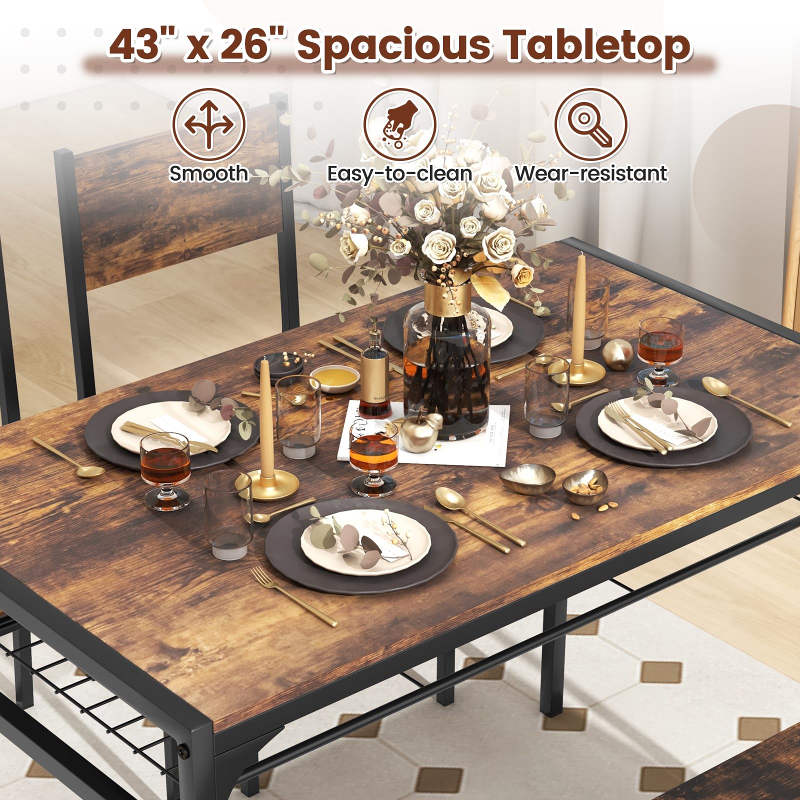 4 Pieces Dining Table Set, Kitchen Table and 2 Chairs for 4 with Bench, Storage Racks