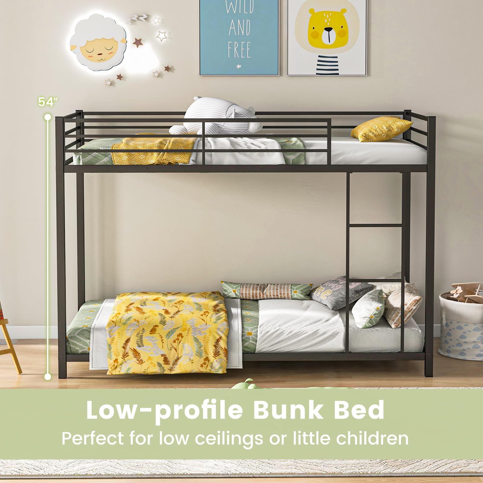 Twin Over Twin Metal Low Floor Bunk Bed with Safety Guard Rail & Ladder