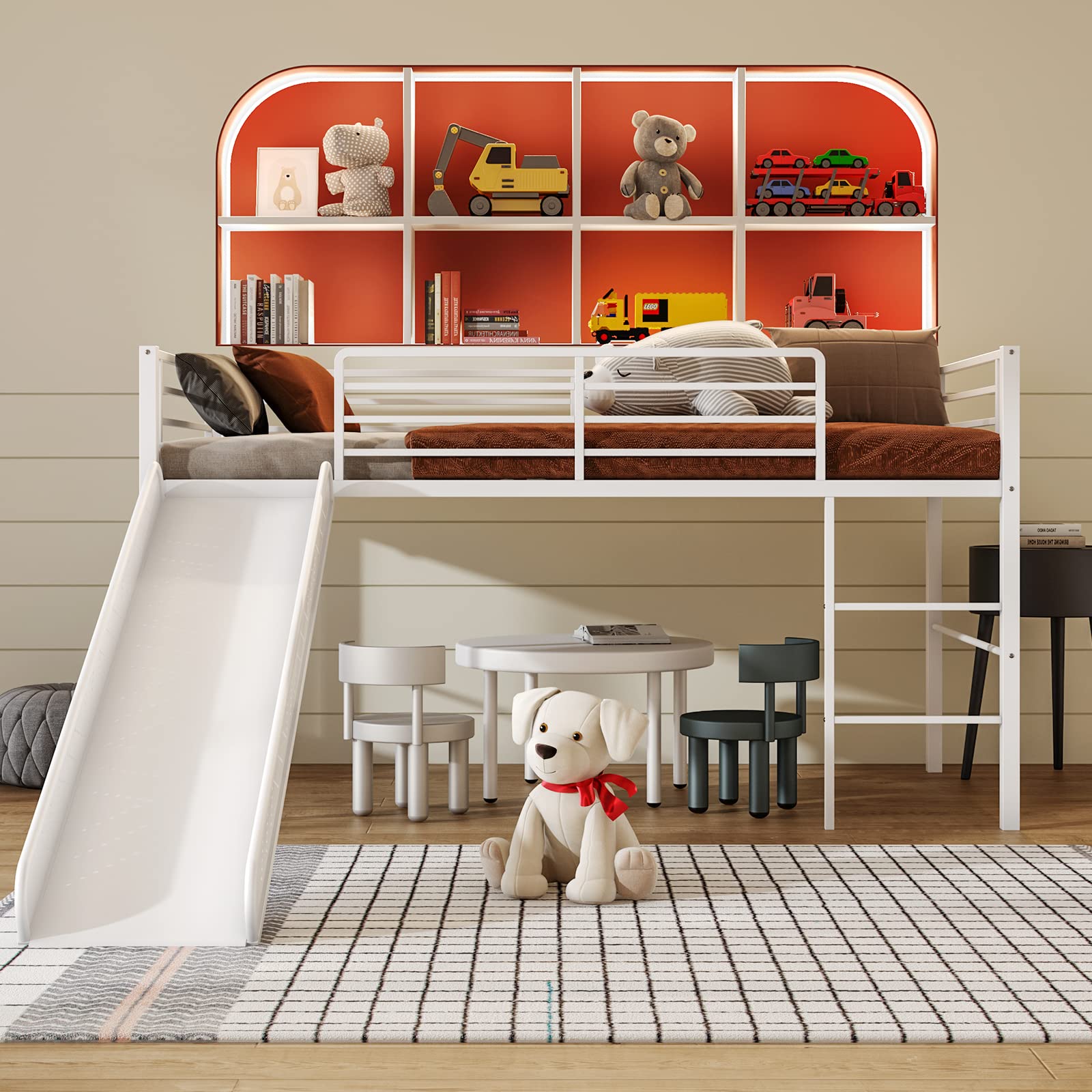 Twin Metal Low Loft Bed with Slide, Safety Guardrails & Built-in Ladder