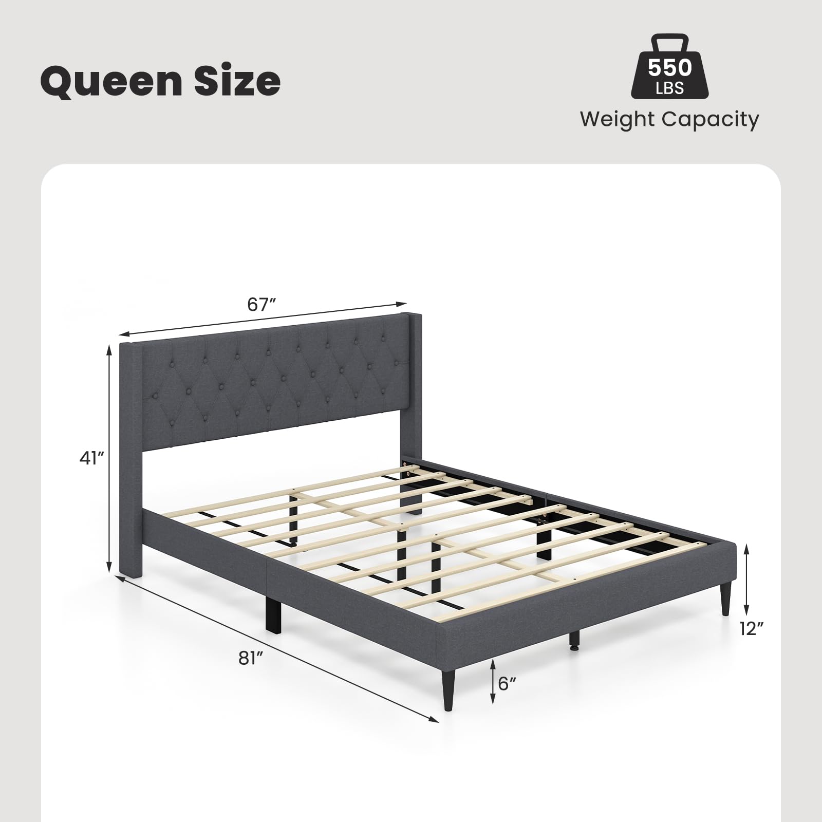 Upholstered Platform Bed with Button Tufted Wingback Headboard