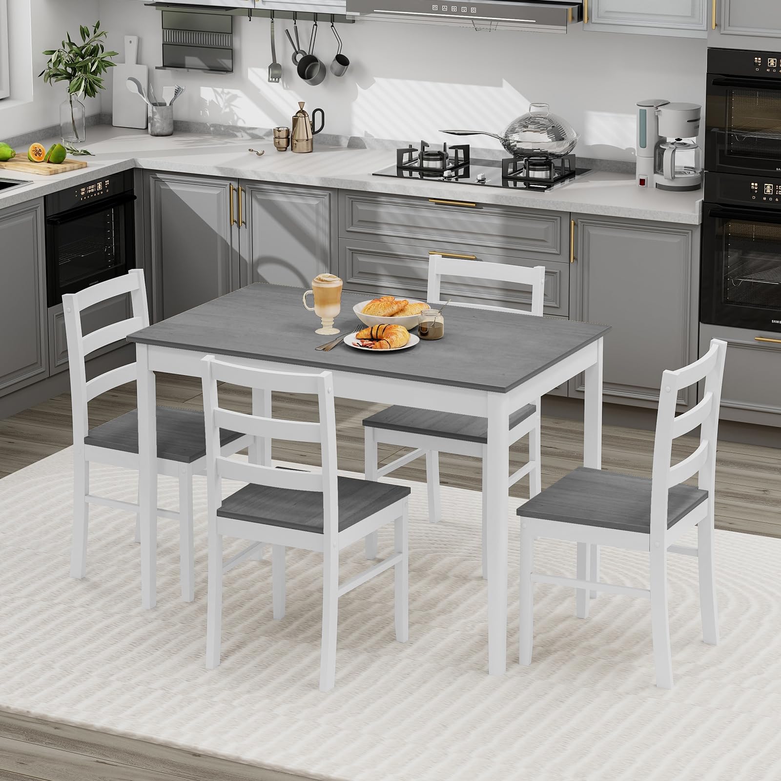 Dining Table Set for 4, Farmhouse Solid Wood Dining Set w/Rubber Wood Legs