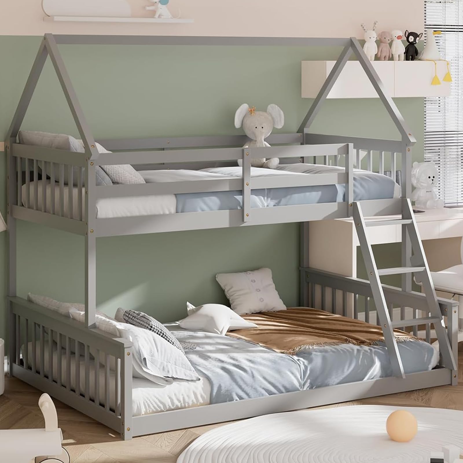 Twin Over Full Wood House Bunk Bed with Integrated Ladder & Safety Guardrails, Convertible to 2 Beds
