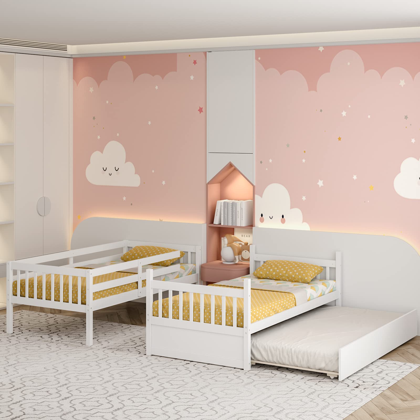 Twin Over Twin Wood Bunk Bed with Trundle, 2-in-1 Convertible Bunk Bed with Ladder & Solid Wood Frame