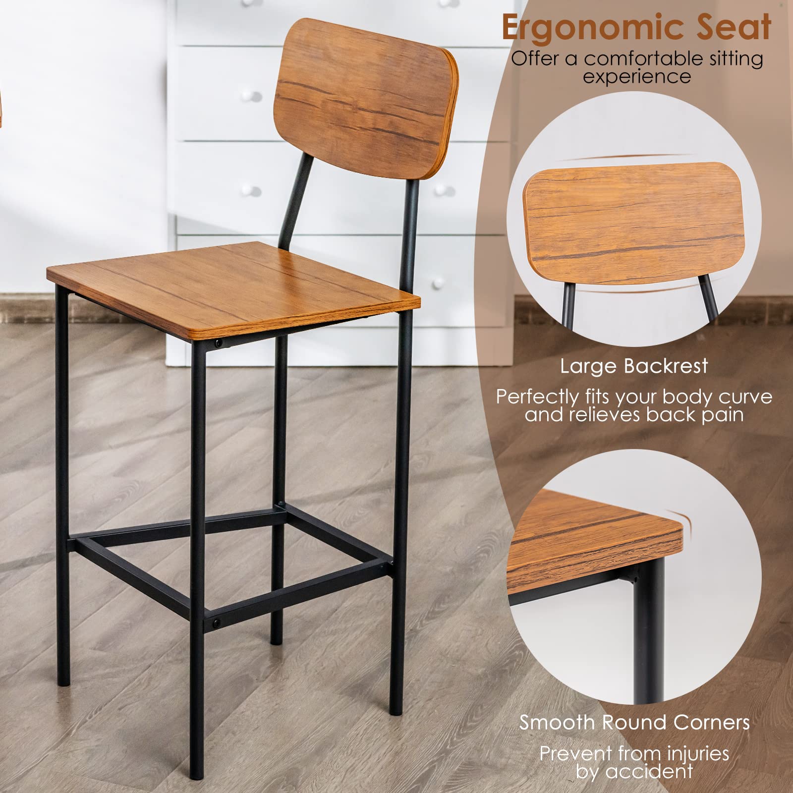 5 Piece Dining Table Set with Counter Height Table & 4 Bar Stools, Industrial Kitchen Dining Table Set  with Footrest & Backrest