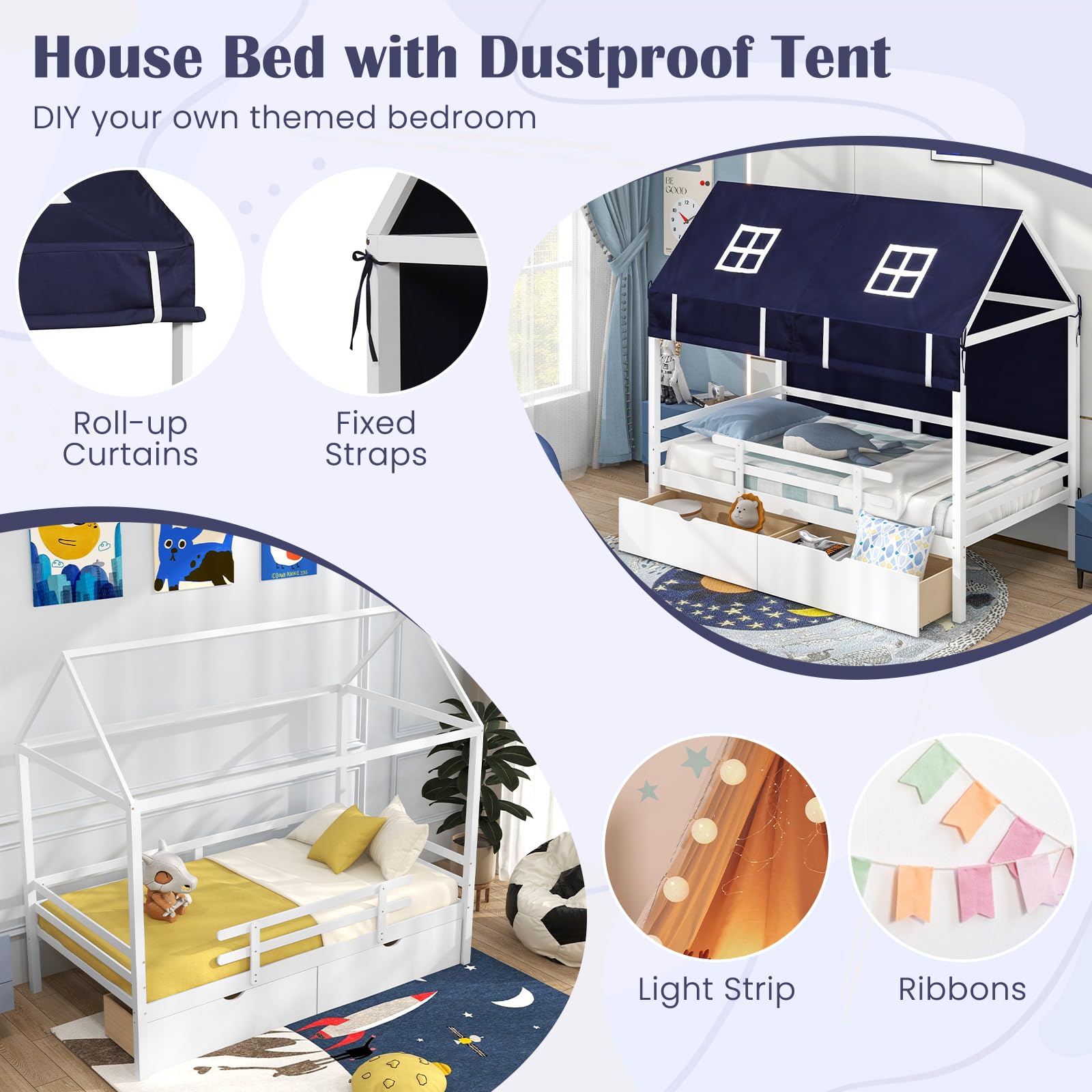 Twin House Bed with Tent, Wood Kids Bed with 2 Storage Drawers, Solid Wood Daybed Frame with Rails and Roof