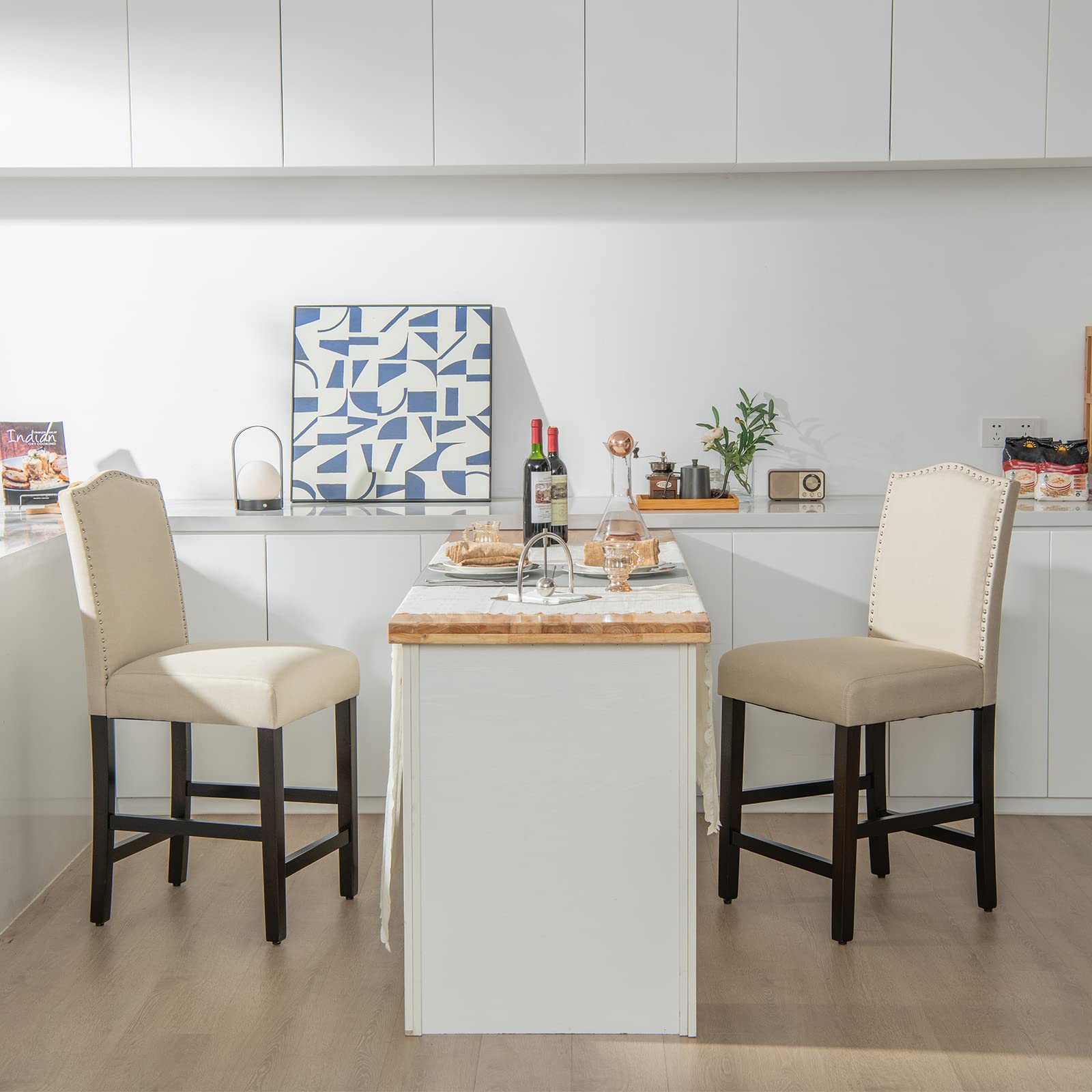 Bar Stools Set of 2/4, Counter Height Bar Dining Chairs with Rubber Wood Legs, Footrest