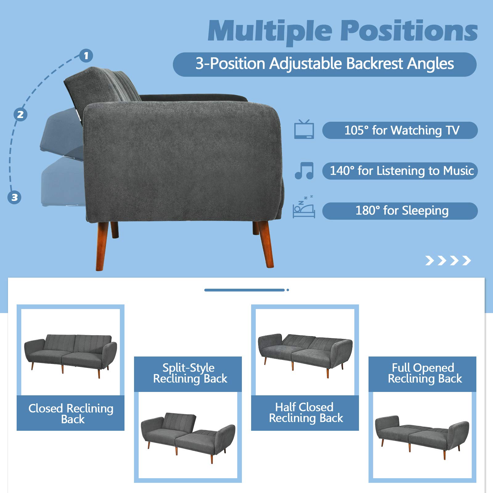 Foldable Futon Sofa Bed, Convertible Sofa Couch Upholstered Futon Sleeper Sofa, 3-Level Angle Adjustable