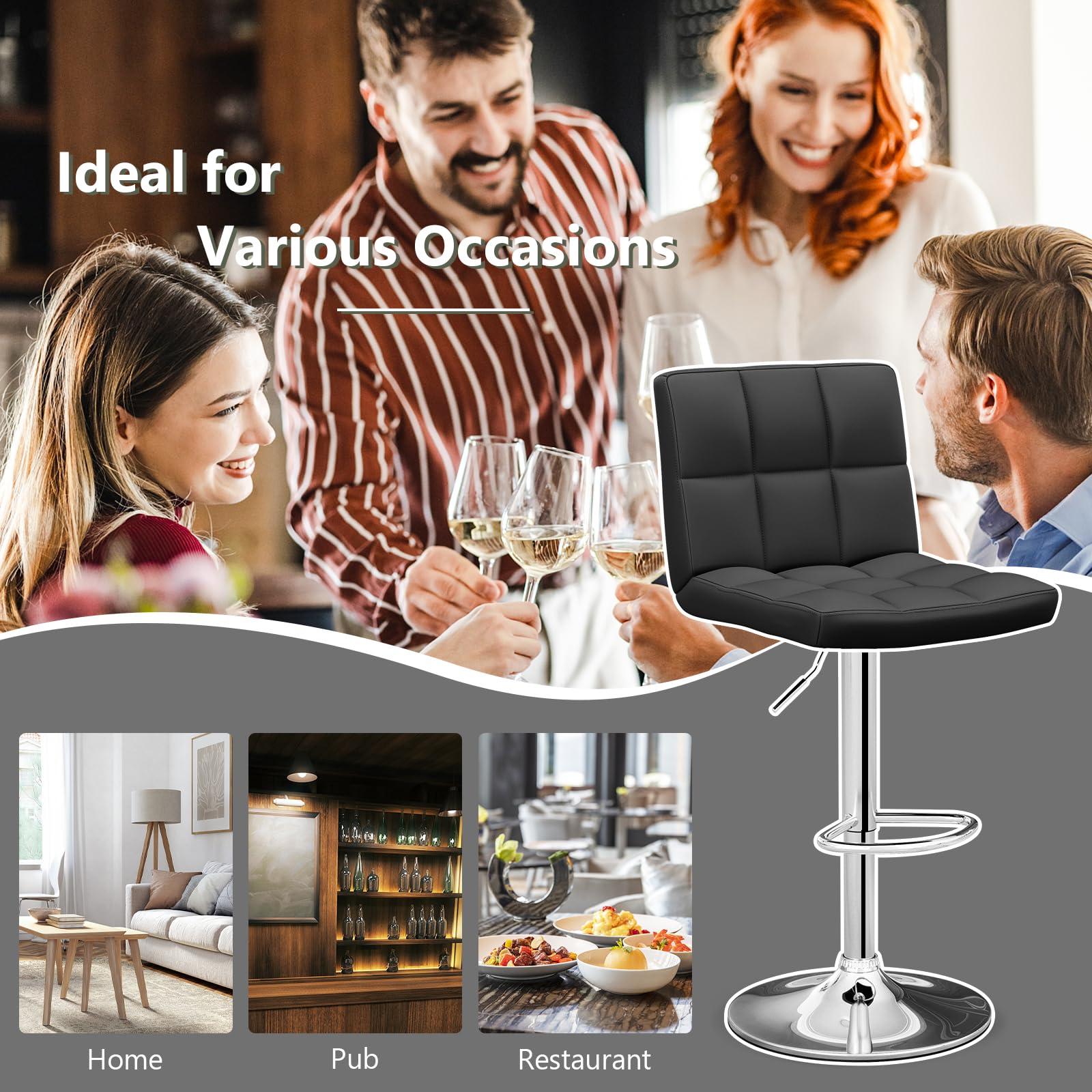 Modern PU Leather Height Adjustable Bar Stools  Set of 1/2 with Back, Footrest, Metal Base