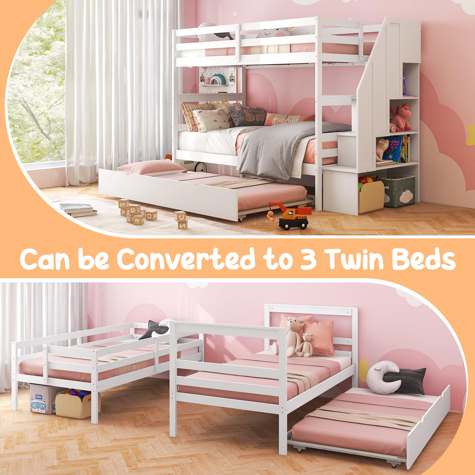 Twin Over Twin Wood Bunk Bed with Trundle & Storage Stairs, Convertible to 2 Separated Beds