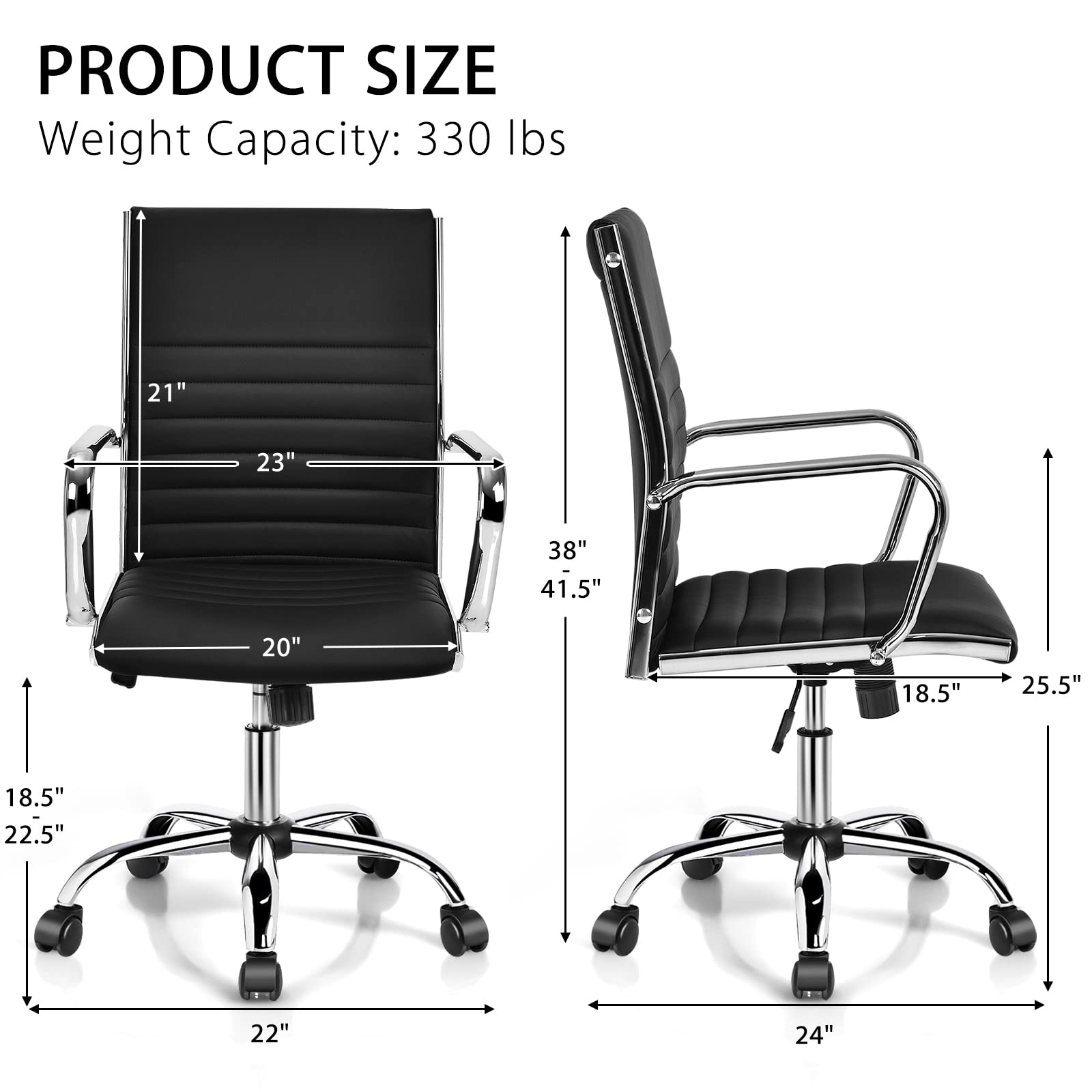 Ribbed Office Chair, Ergonomic Modern Leather Desk Chair with Adjustable Height & Arms, Swivel Mid Back Executive Conference Room Chairs