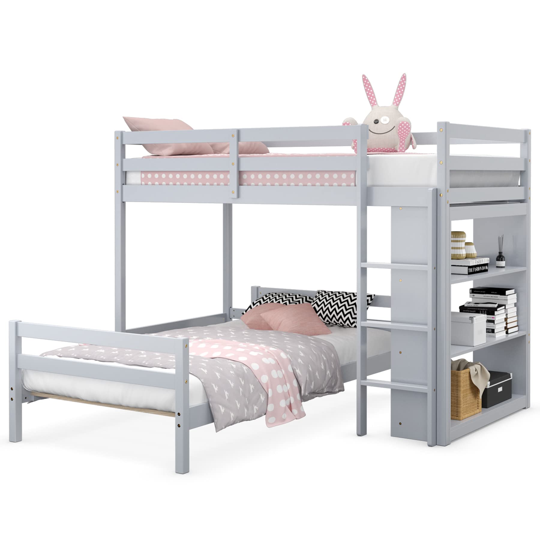 Twin Over Twin Bunk Bed, Convertible Wooden Loft Bed with 3-Tier Bookcase, Can be Separated into 2 Beds