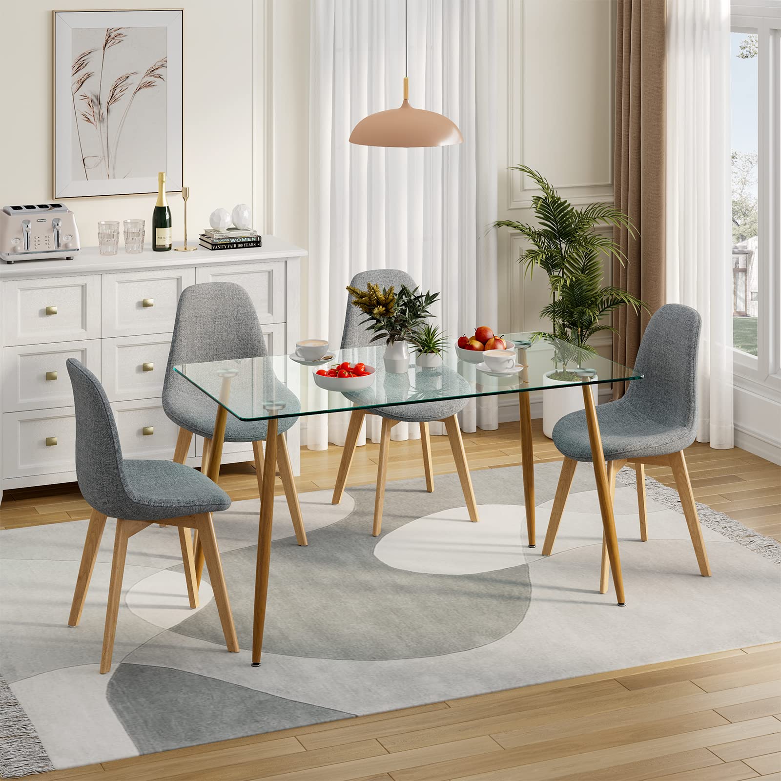 Glass Dining Table, Modern Rectangular Table with Spacious Tempered Glass Tabletop