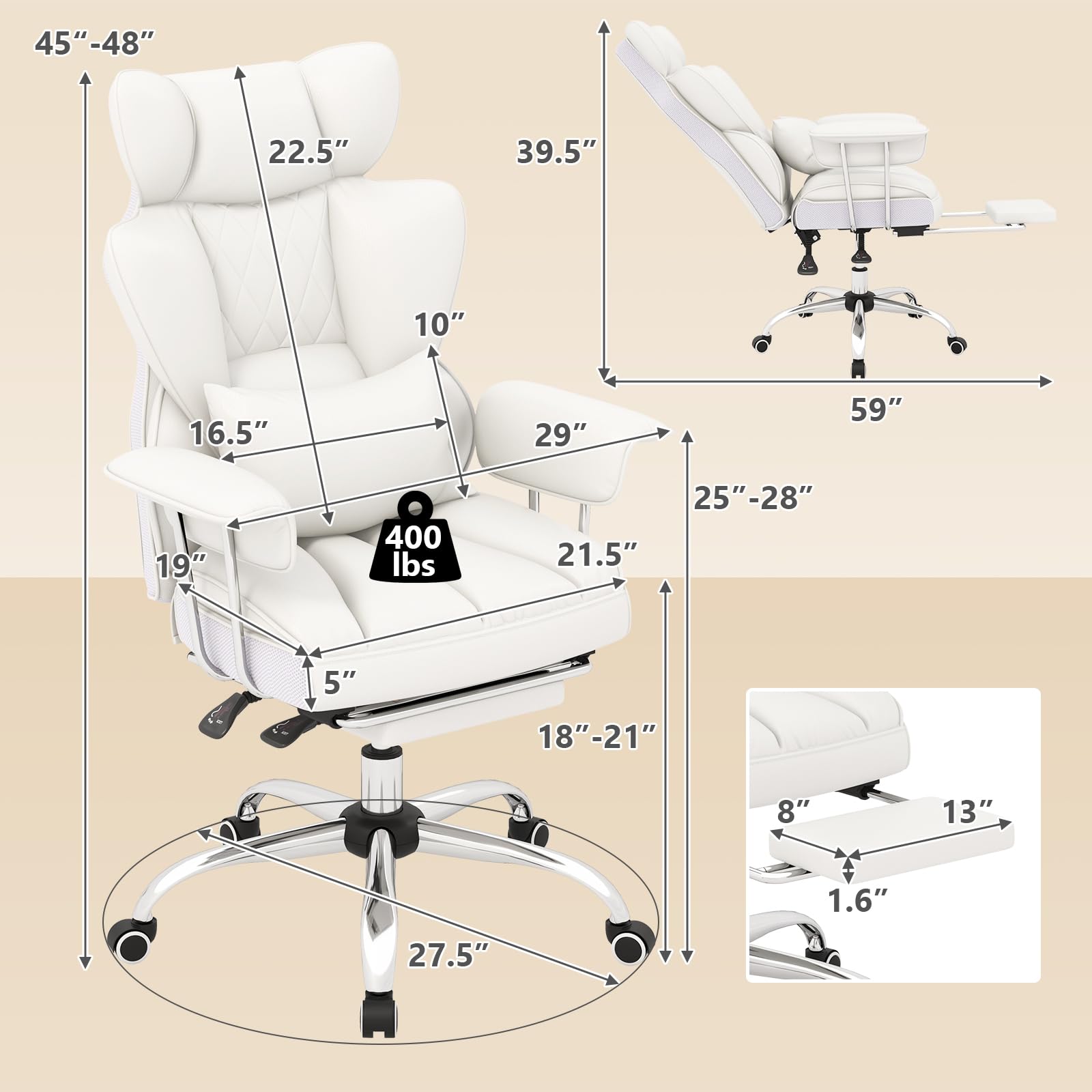 400 LBS Big and Tall Office Chair, PU Leather Executive Desk Chair w/Retractable Footrest