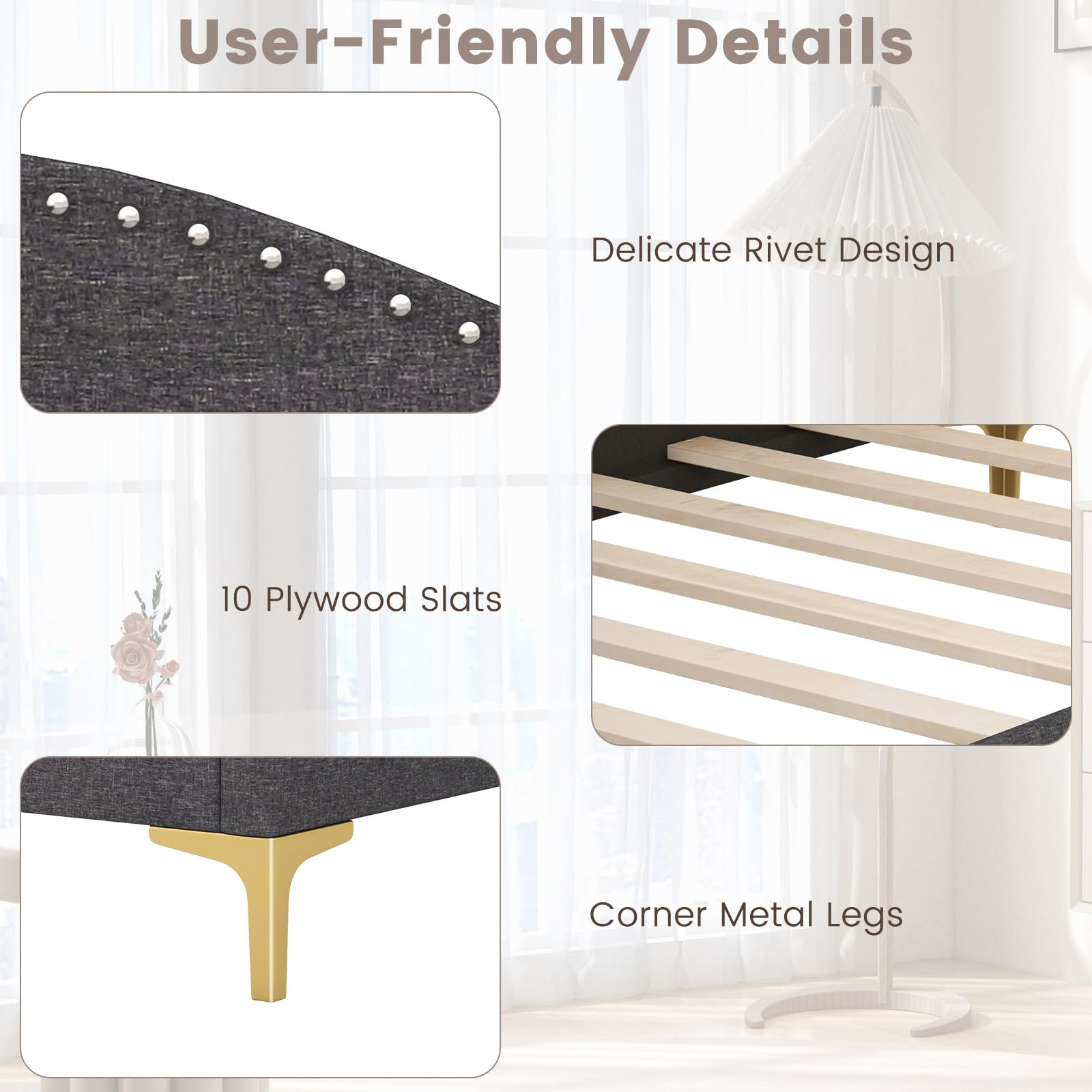 Rivet-Tufted Platform Bed Frame with Headboard, Metal Legs & Wood Slats, L-Shaped Corner Sofa Bed