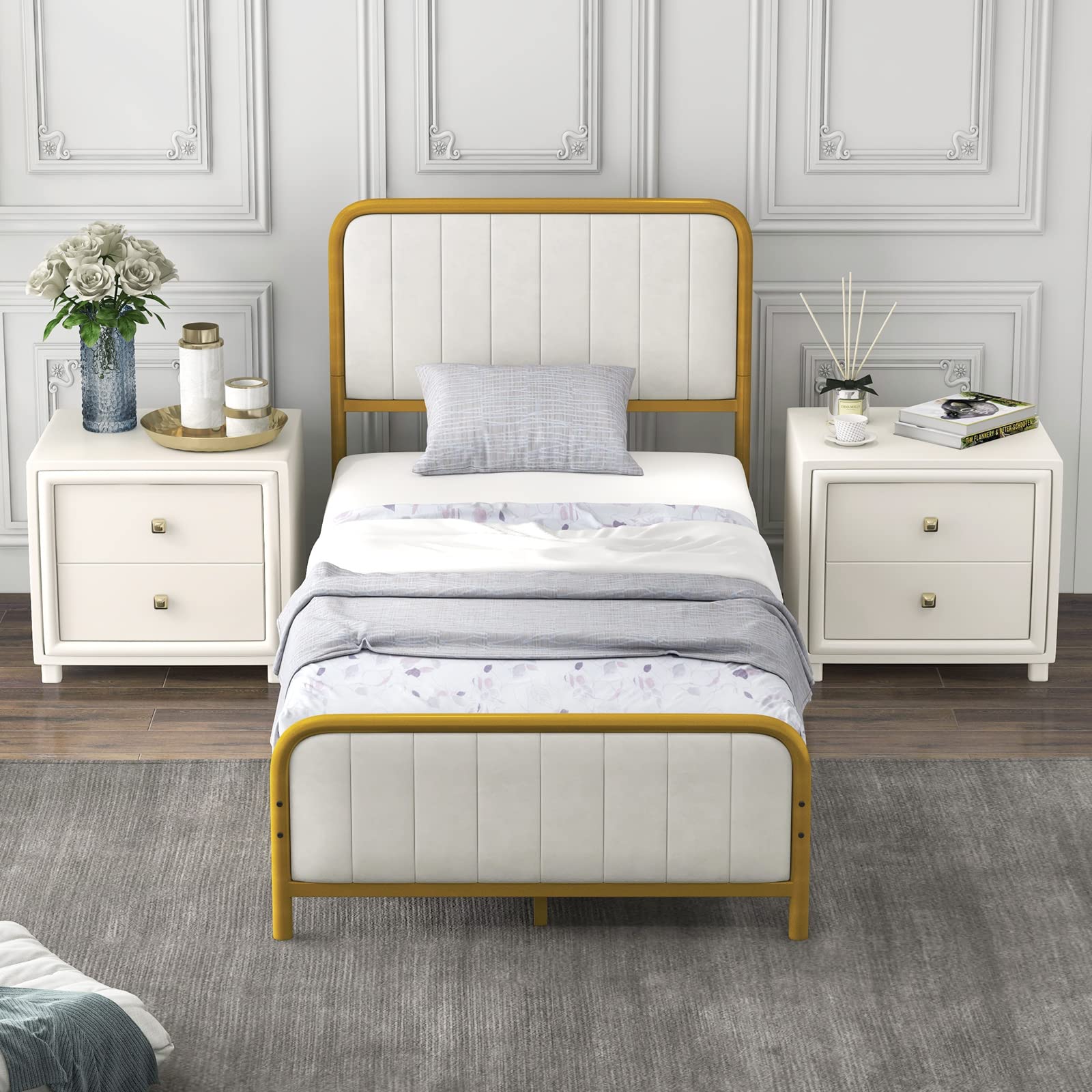 Gold Metal Bed Frame, Heavy-Duty Metal Mattress Foundation with Velvet Headboard and Footboard