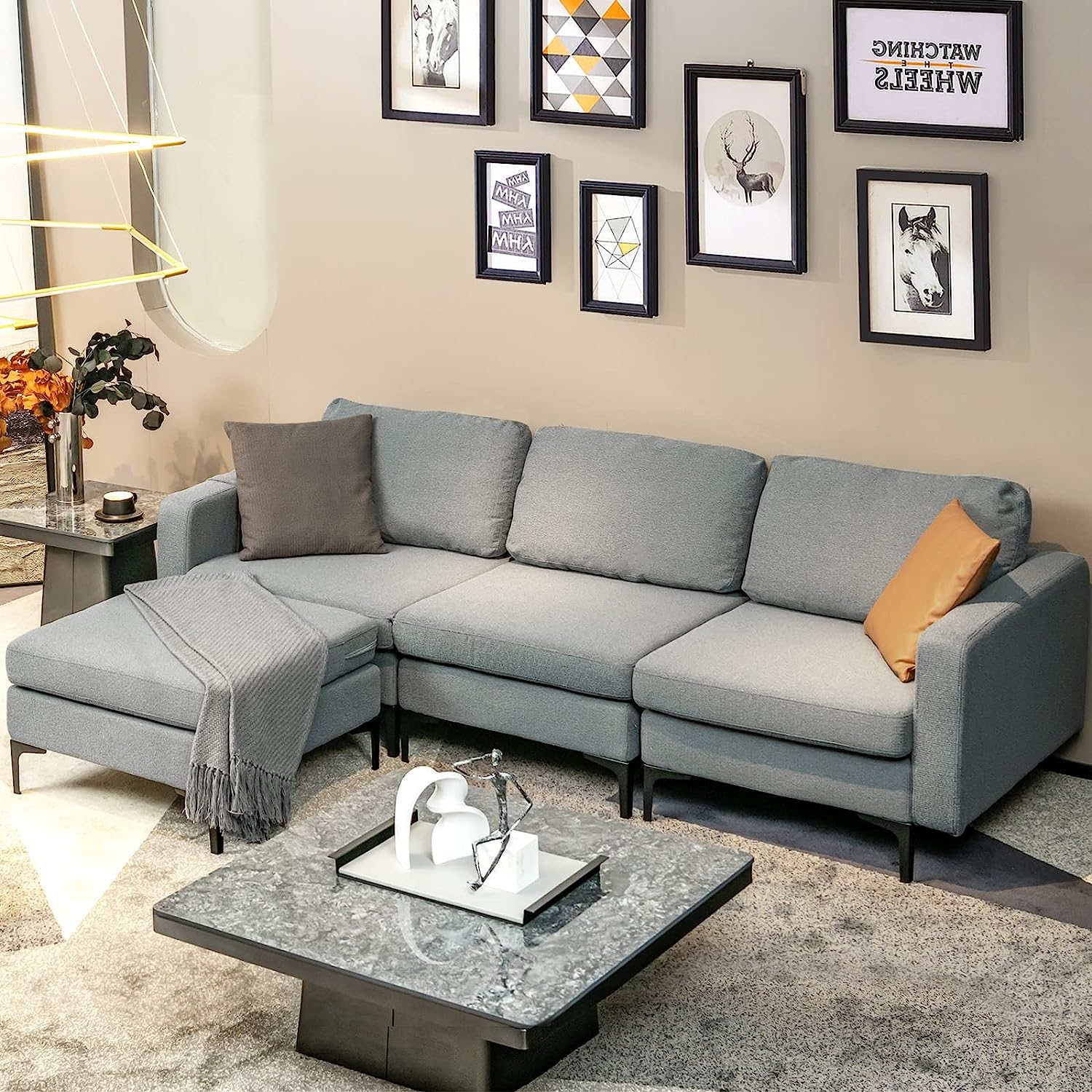 Convertible Sectional Sofa Couch, 3-Seat L Shaped Couch with Reversible Ottoman, Built-in Socket & USB Ports