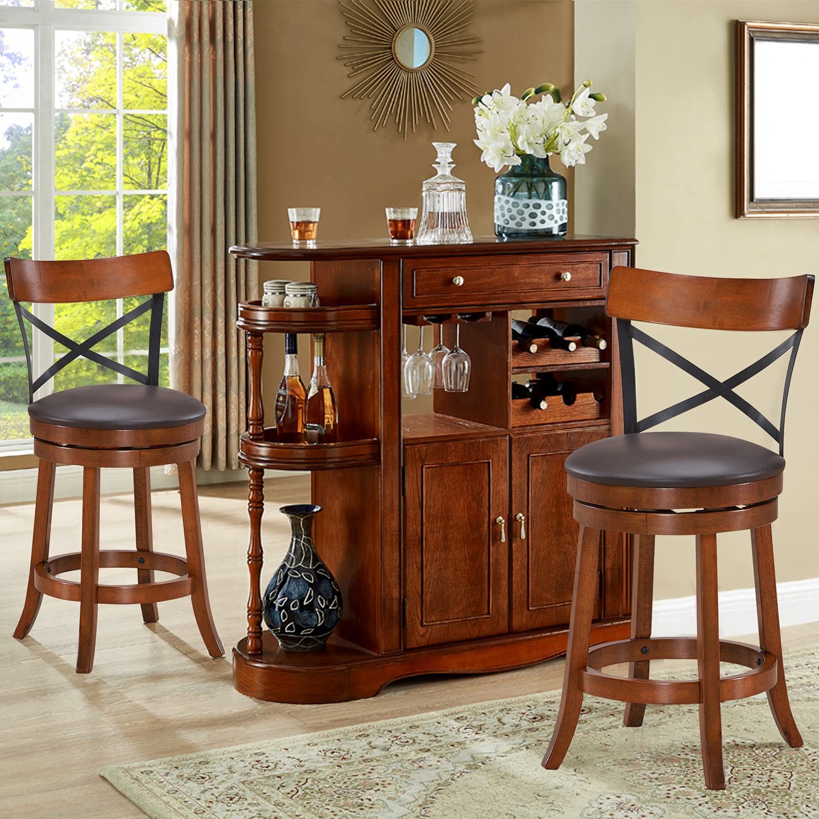 360-Degree Swivel Solid Wood  Bar Stool Set of 2/4 with Soft Cushion & Backrest
