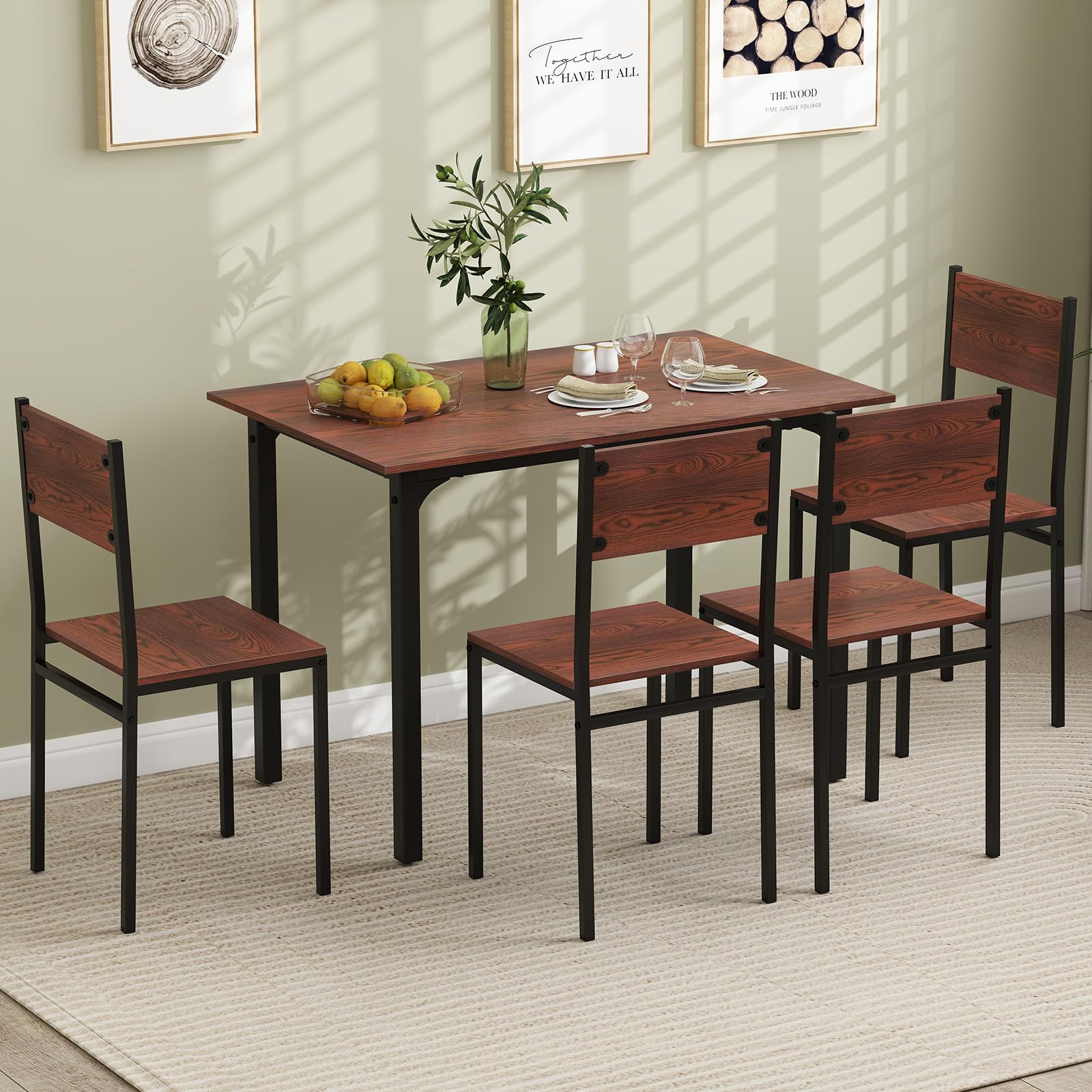5-Piece Dining Table Set, Industrial Kitchen Table and Chairs for 4 with Backrest and Metal Frame