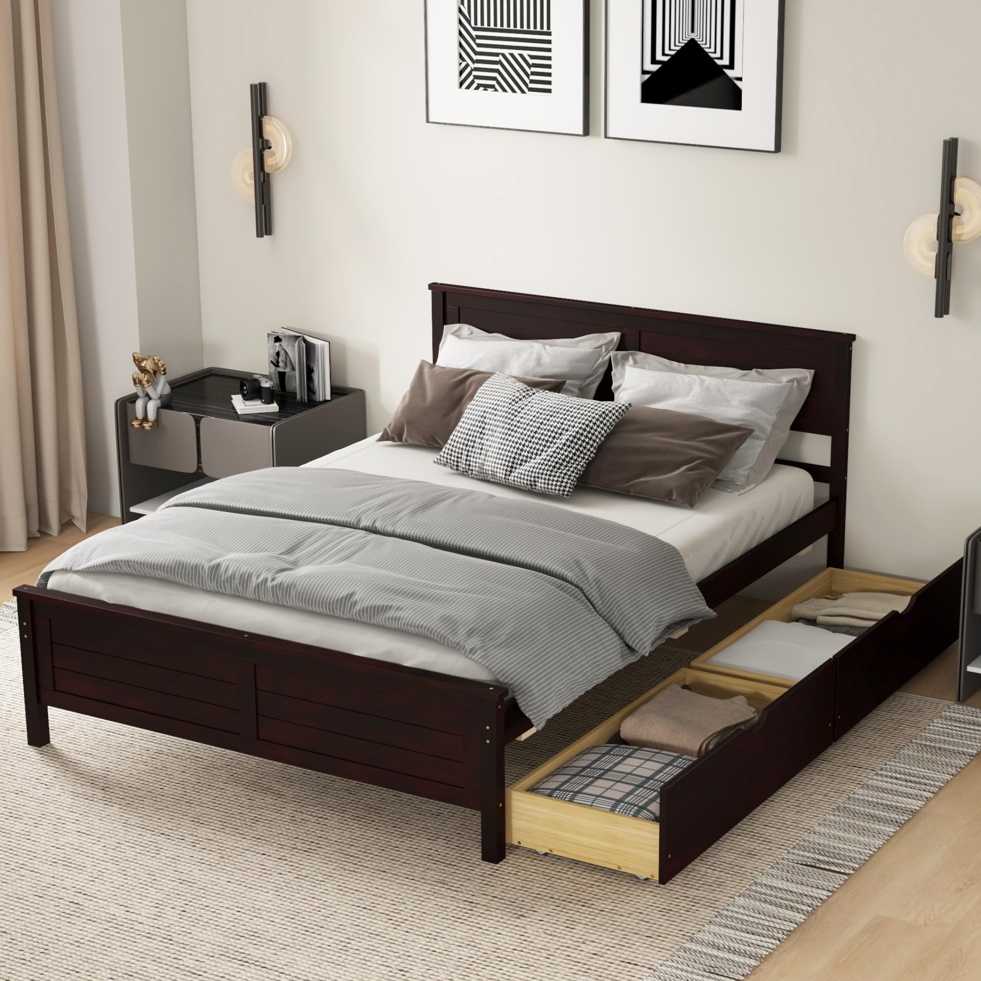 Wood Bed Frame with 2 Storage Drawers