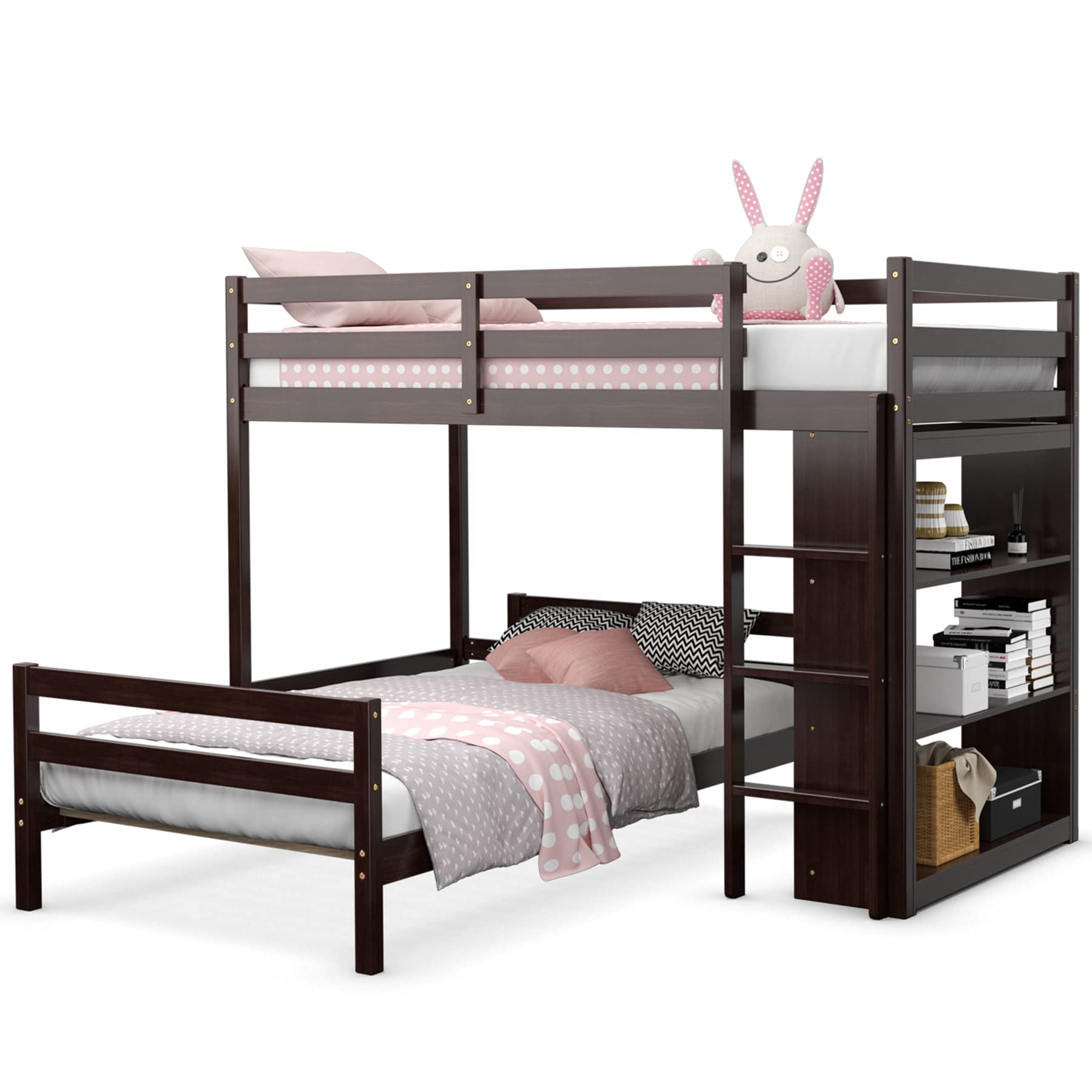 Twin Over Twin Bunk Bed, Convertible Wooden Loft Bed with 3-Tier Bookcase, Can be Separated into 2 Beds