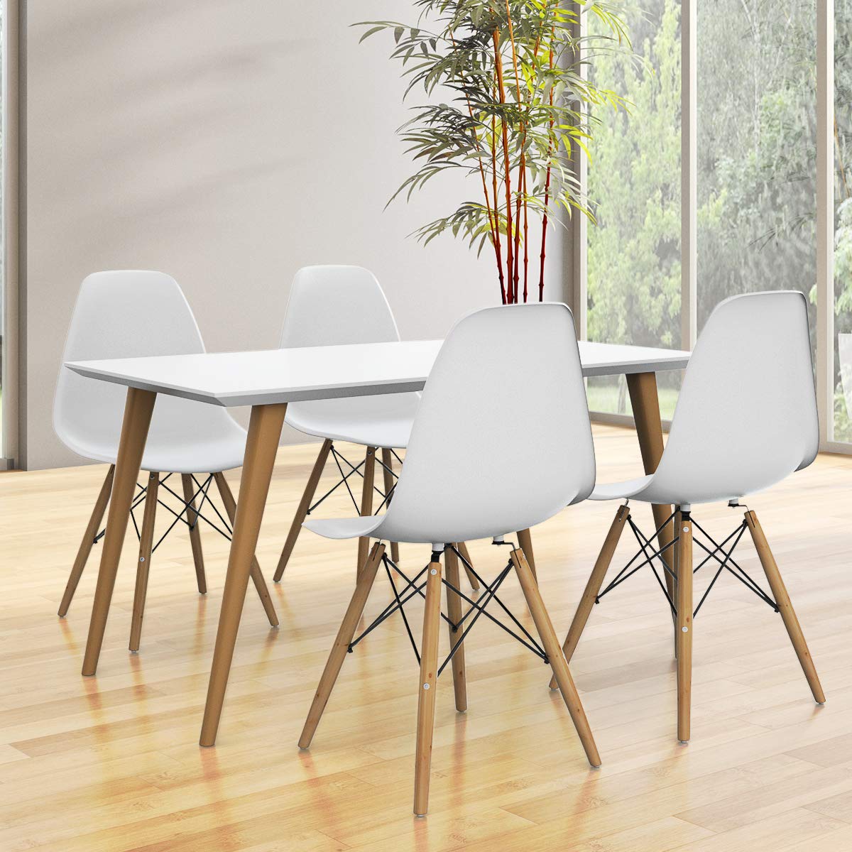 Pre Assembled Mid Century Modern Dining Chairs Set of 4 with Wood Legs, Shell Lounge Plastic Chairs