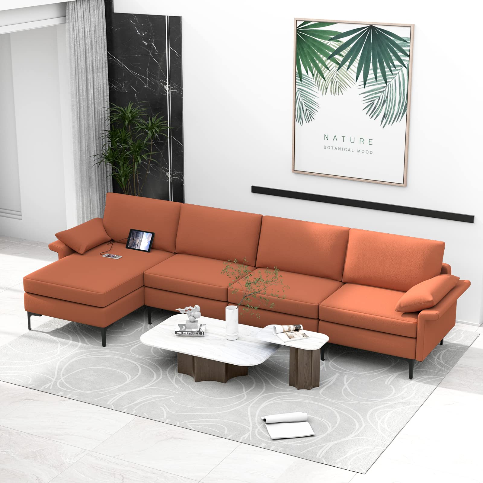 130.5 Inch Extra Large Convertible Sectional Sofa with Reversible Chaise Lounge, 3-Hole Outlets & 4 USB Ports