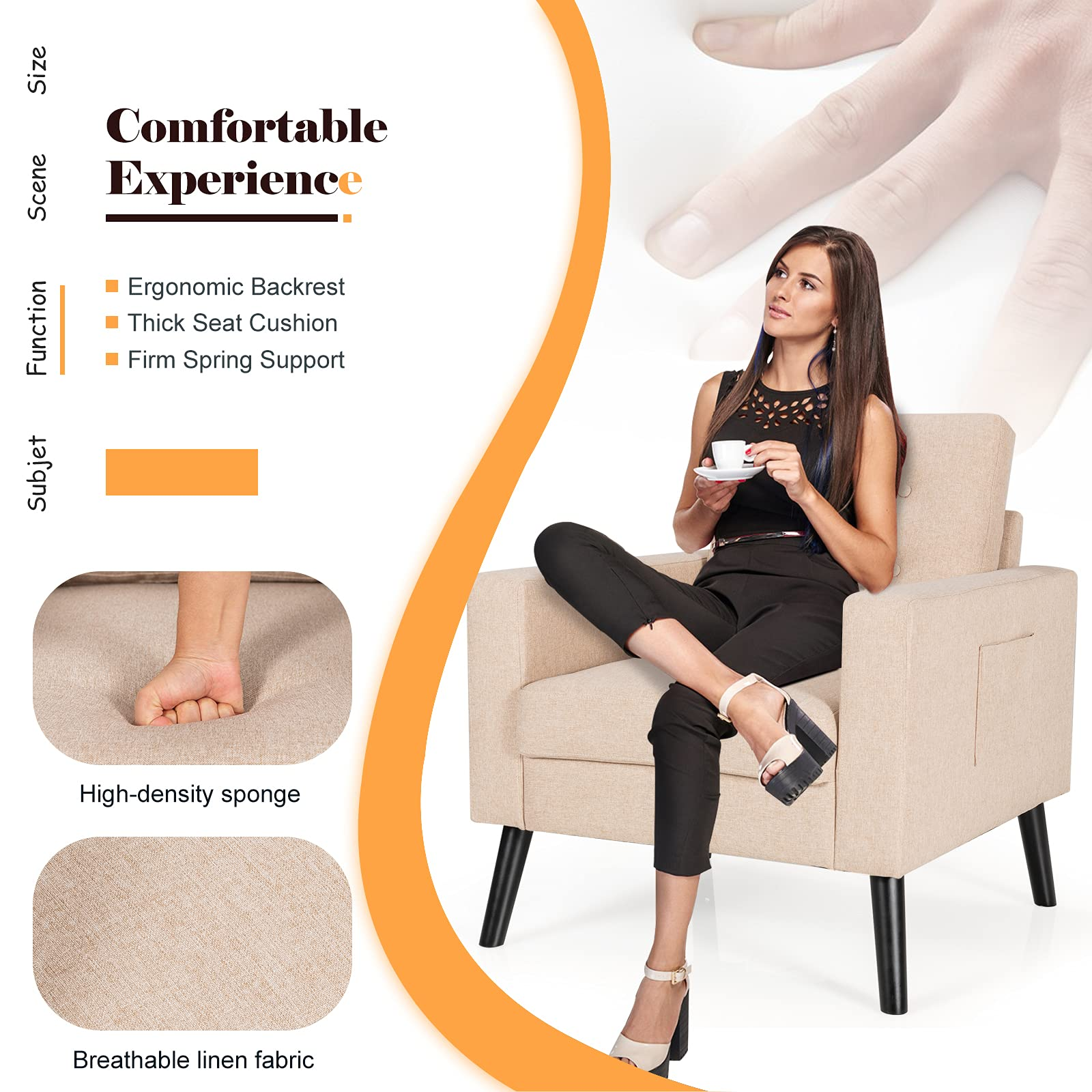 Modern Accent Chair, Mid-Century Upholstered Armchair Club Chair with Rubber Wood Legs