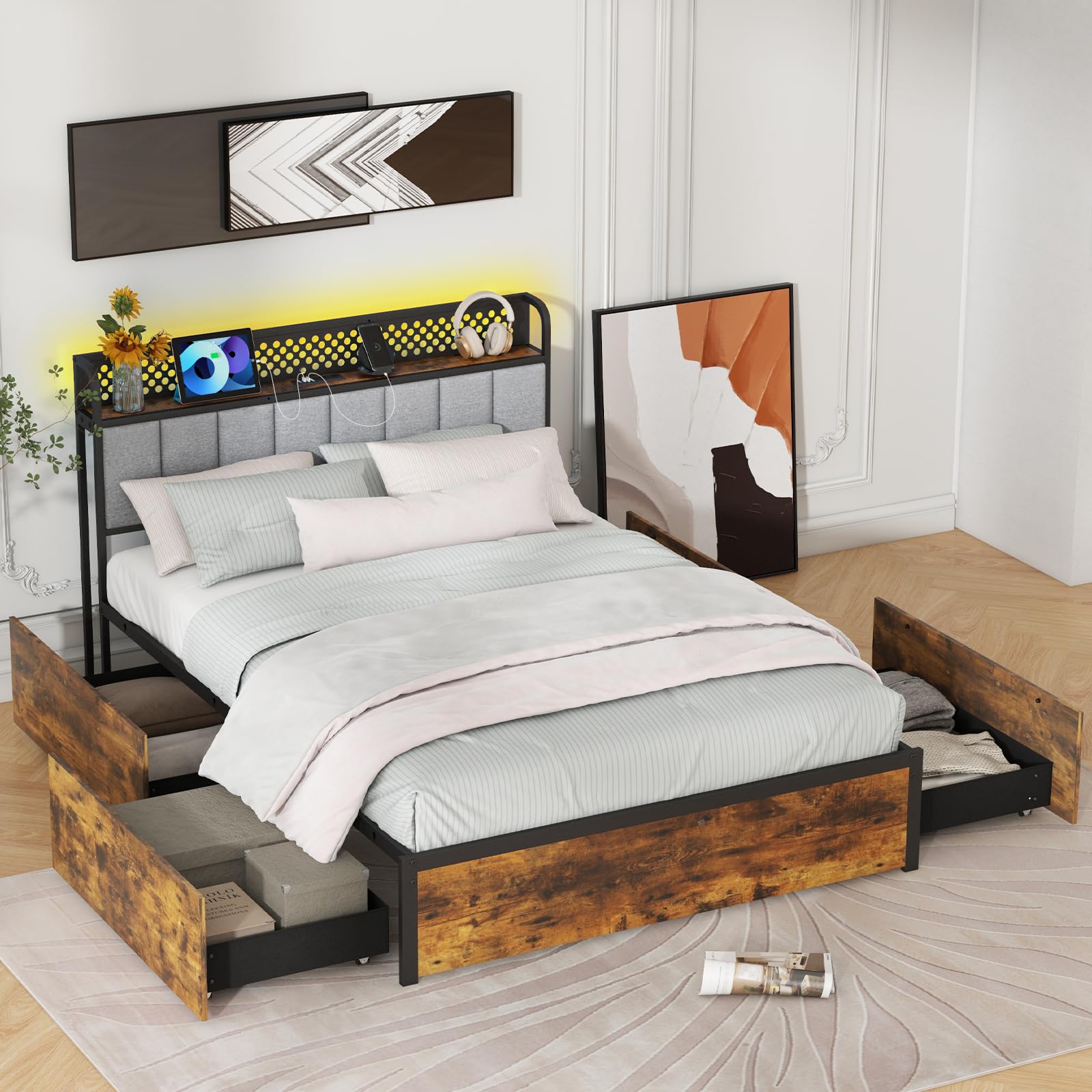 Industrial LED Bed Frame with 4 Storage Drawers & Charging Station