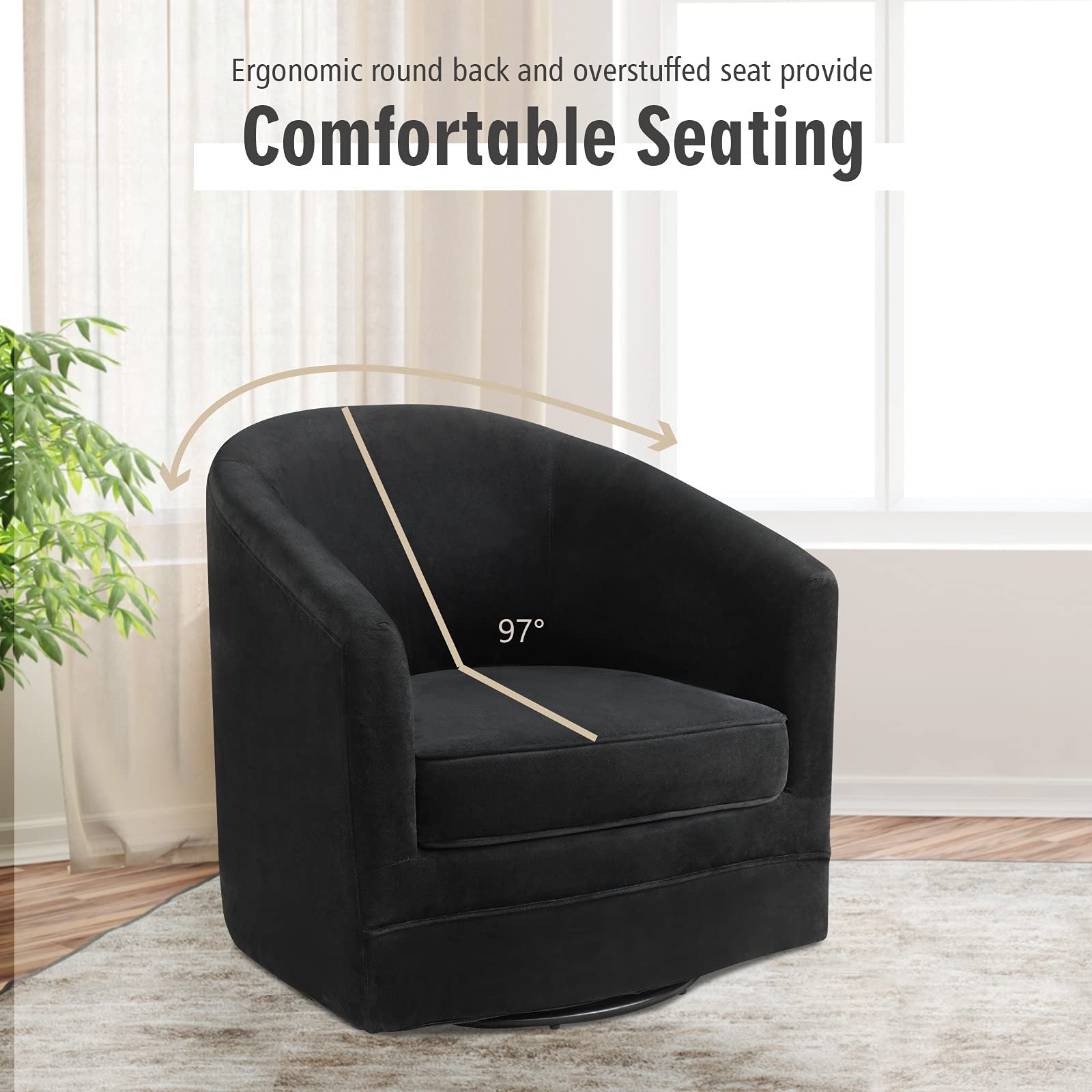 Velvet Round Barrel Chair with 360-Degree Swivel Metal Base, Black