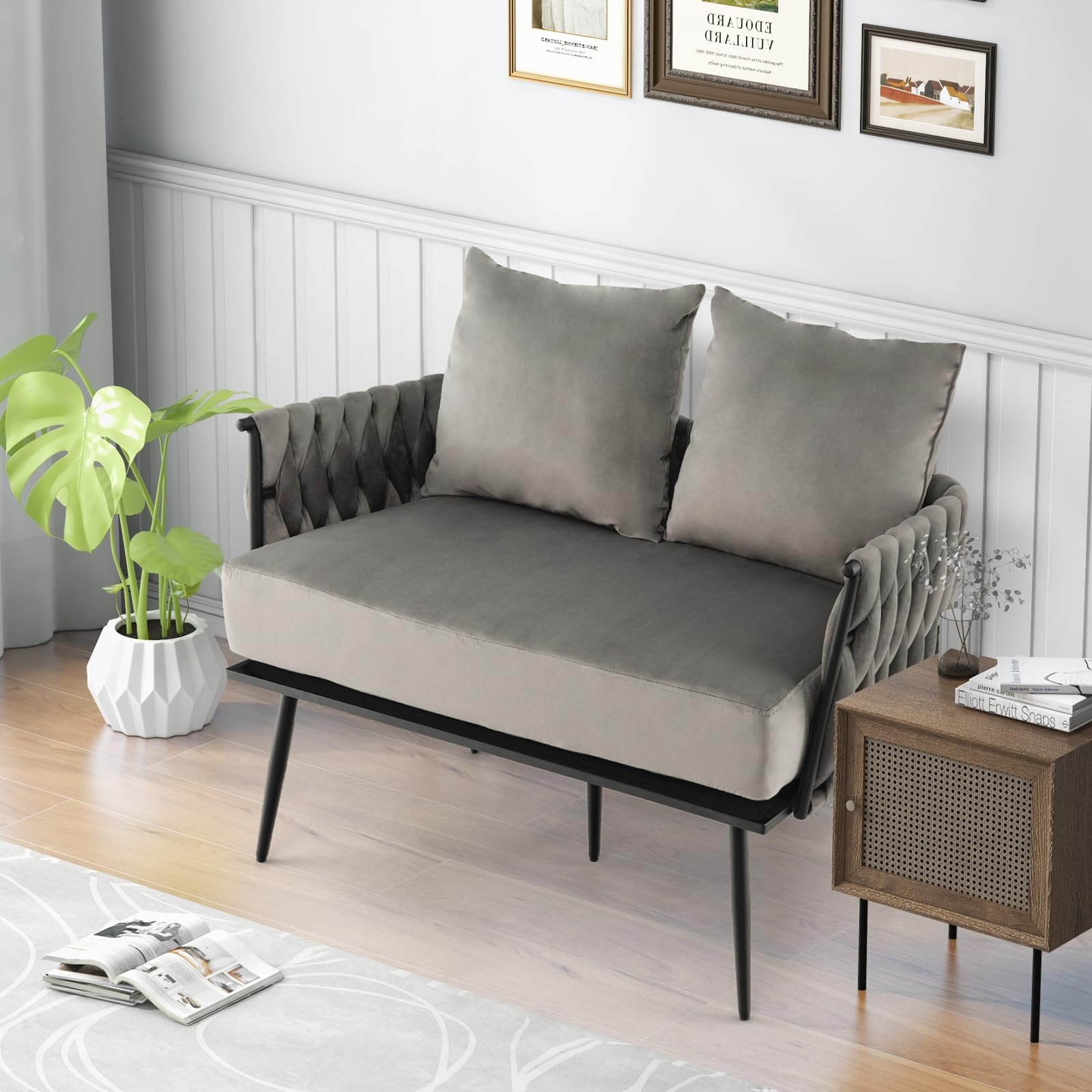 43&rdquo; Loveseat Sofa, Modern Upholstered 2-Seat Sofa with 2 Back Pillows, Woven Backrest & Armrest
