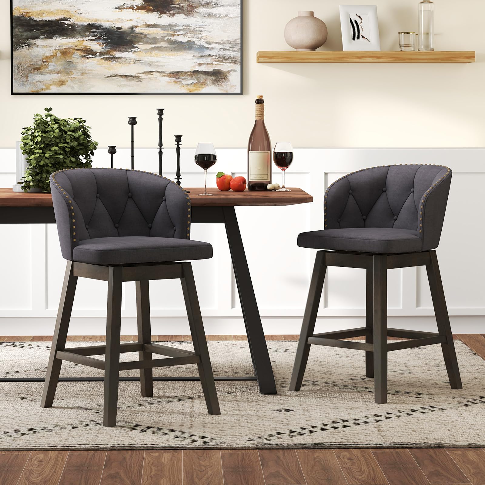 Counter Height Bar Stools Set of 2/4, Fabric Upholstered Island Stools with 360&deg; Swivel Seat & Button-Tufted Back