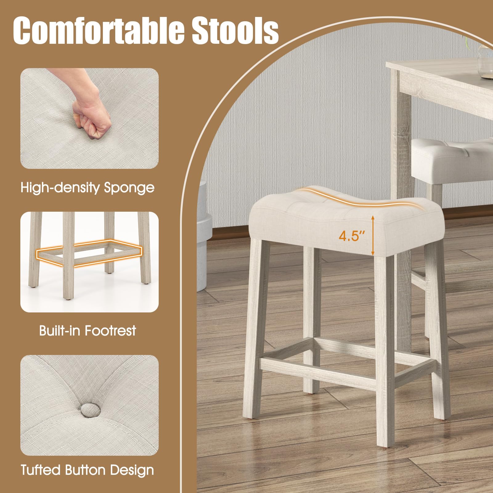 5-Piece Bar Table Set, Square Breakfast Set for 4 w/Padded Stools