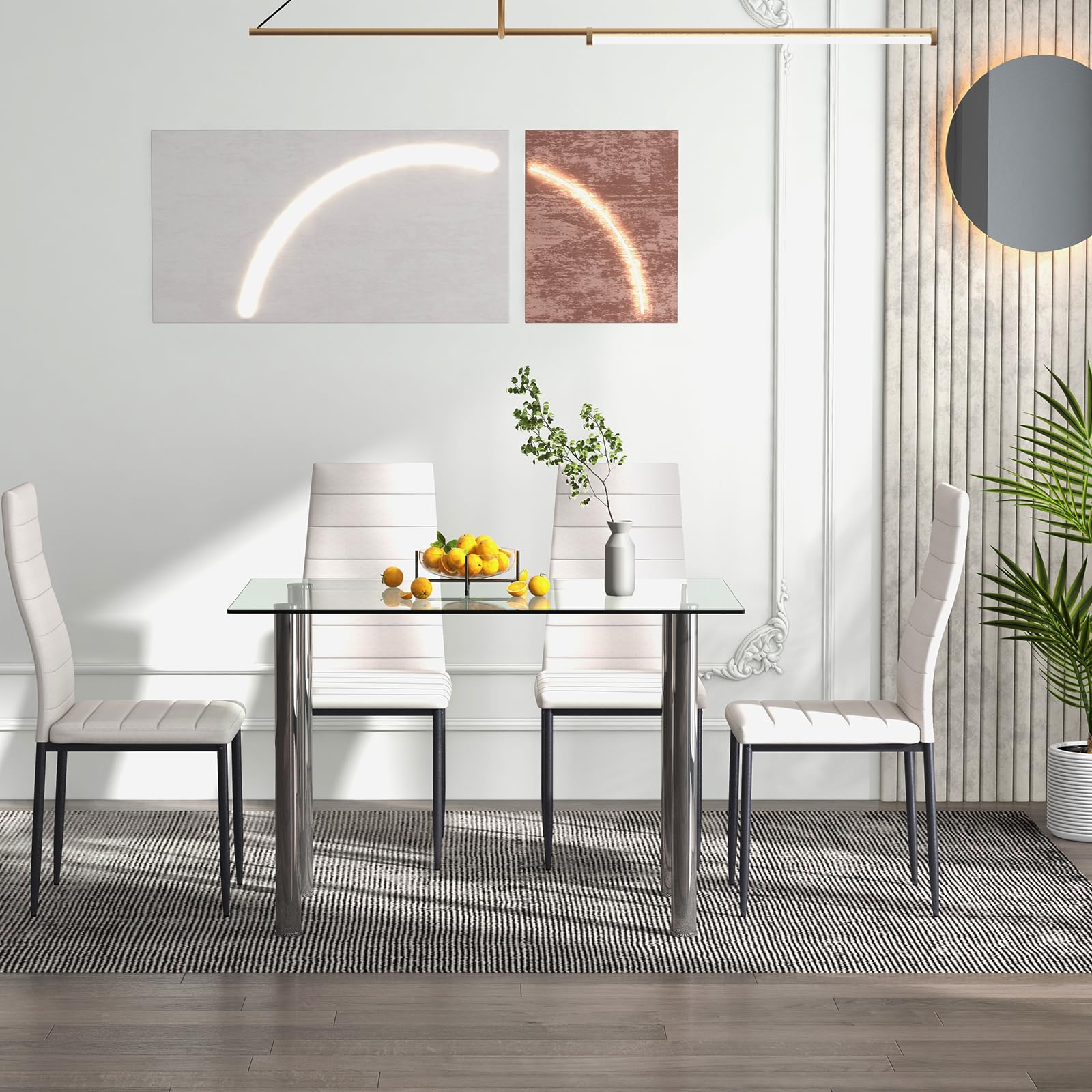 5 Piece Dining Table Sets, Modern Tempered Glass Top and PVC Leather Chair w/4 Chairs
