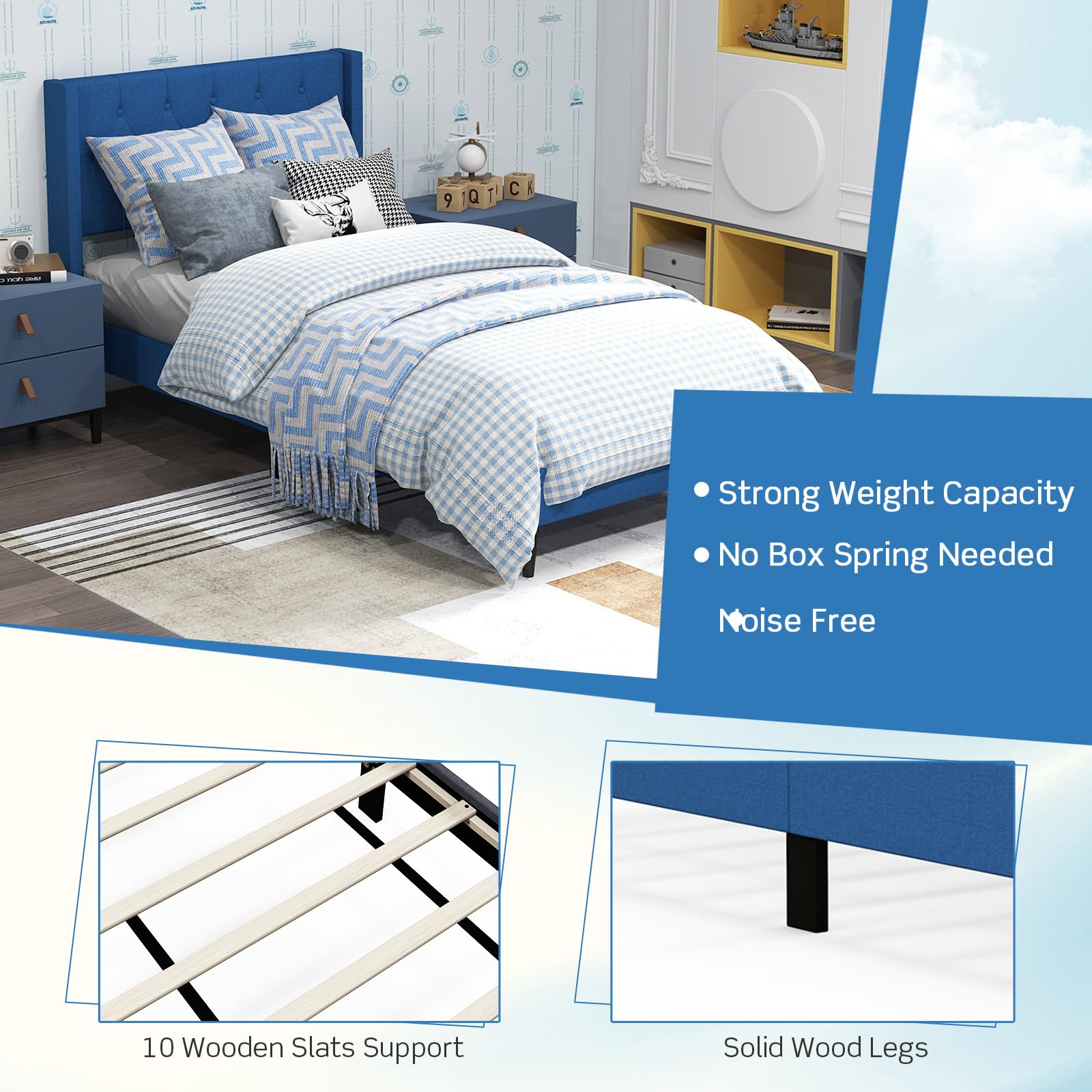 Upholstered Platform Bed with Button Tufted Wingback Headboard